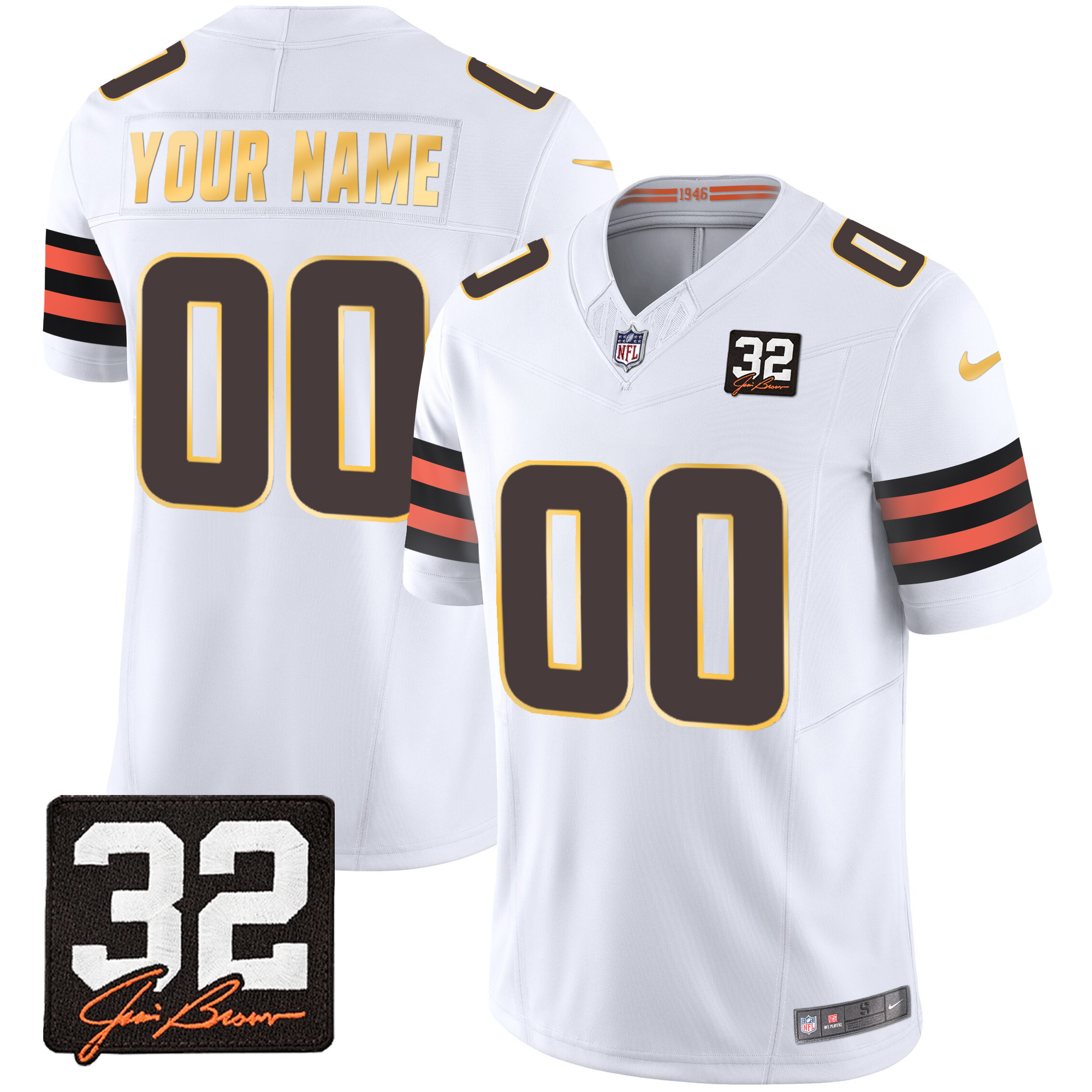 Men's Cleveland Browns #32 Jim Brown Memorial Patch Gold Trim Custom White Jersey - All Stitched