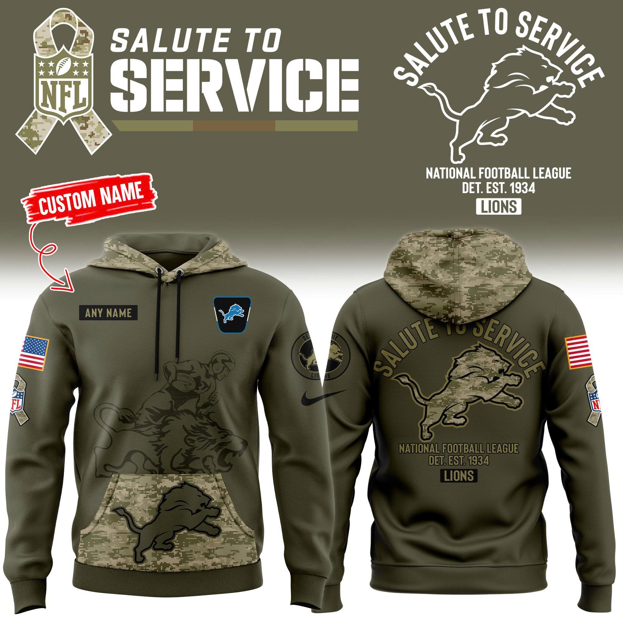 Men's Custom Detroit Lions 2025-26 Salute Service Fleece Hoodie V6