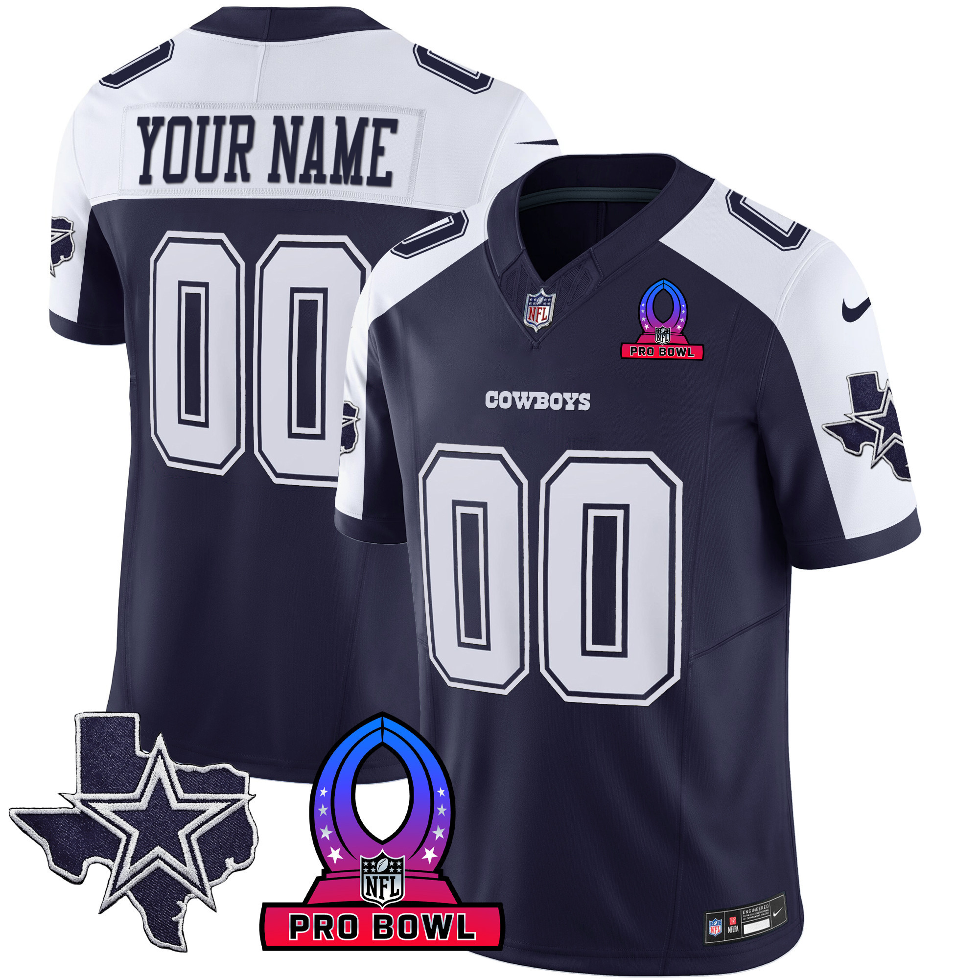 Men's Dallas Cowboys 2024 Pro Bowl Patch Vapor Alternate Navy Jersey - All Stitched