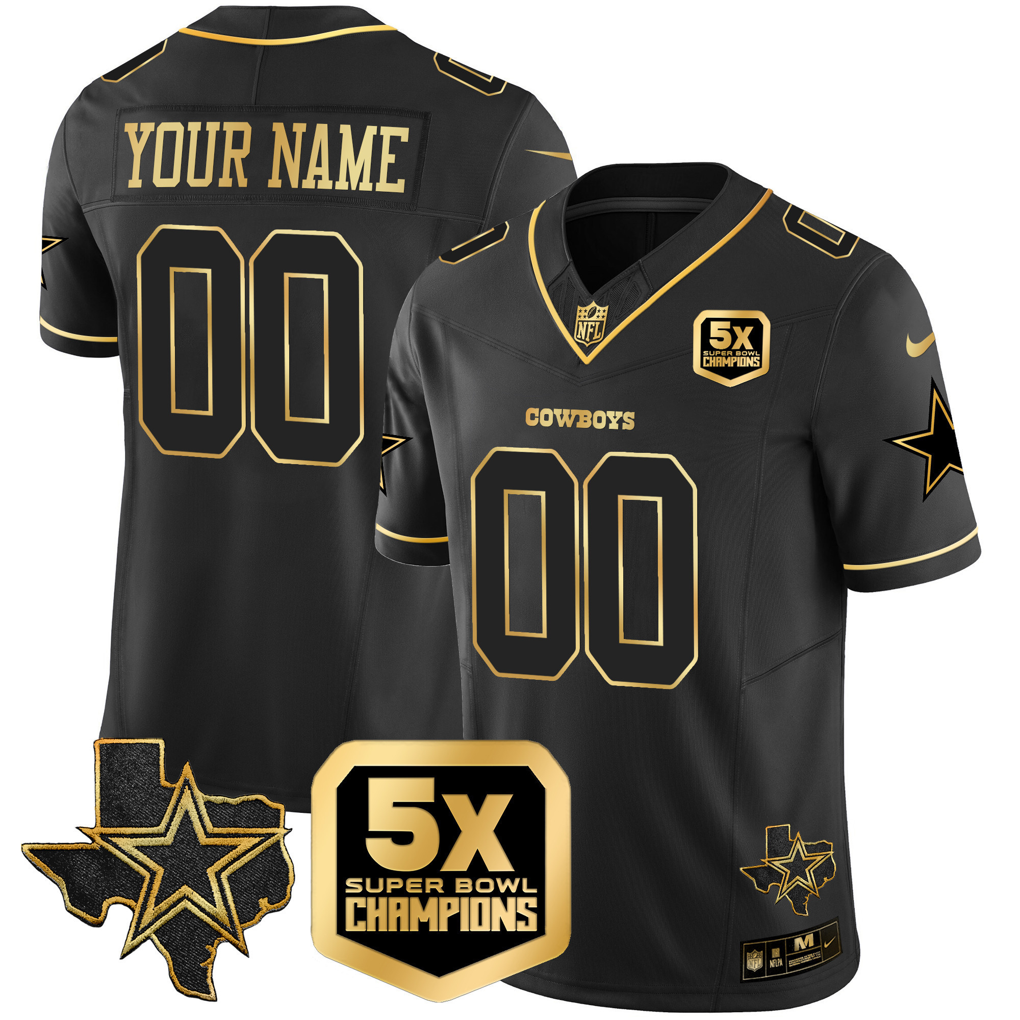 Men's Dallas Cowboys 5x Super Bowl Champions Vapor Limited Custom Black Gold Jersey - All Stitched