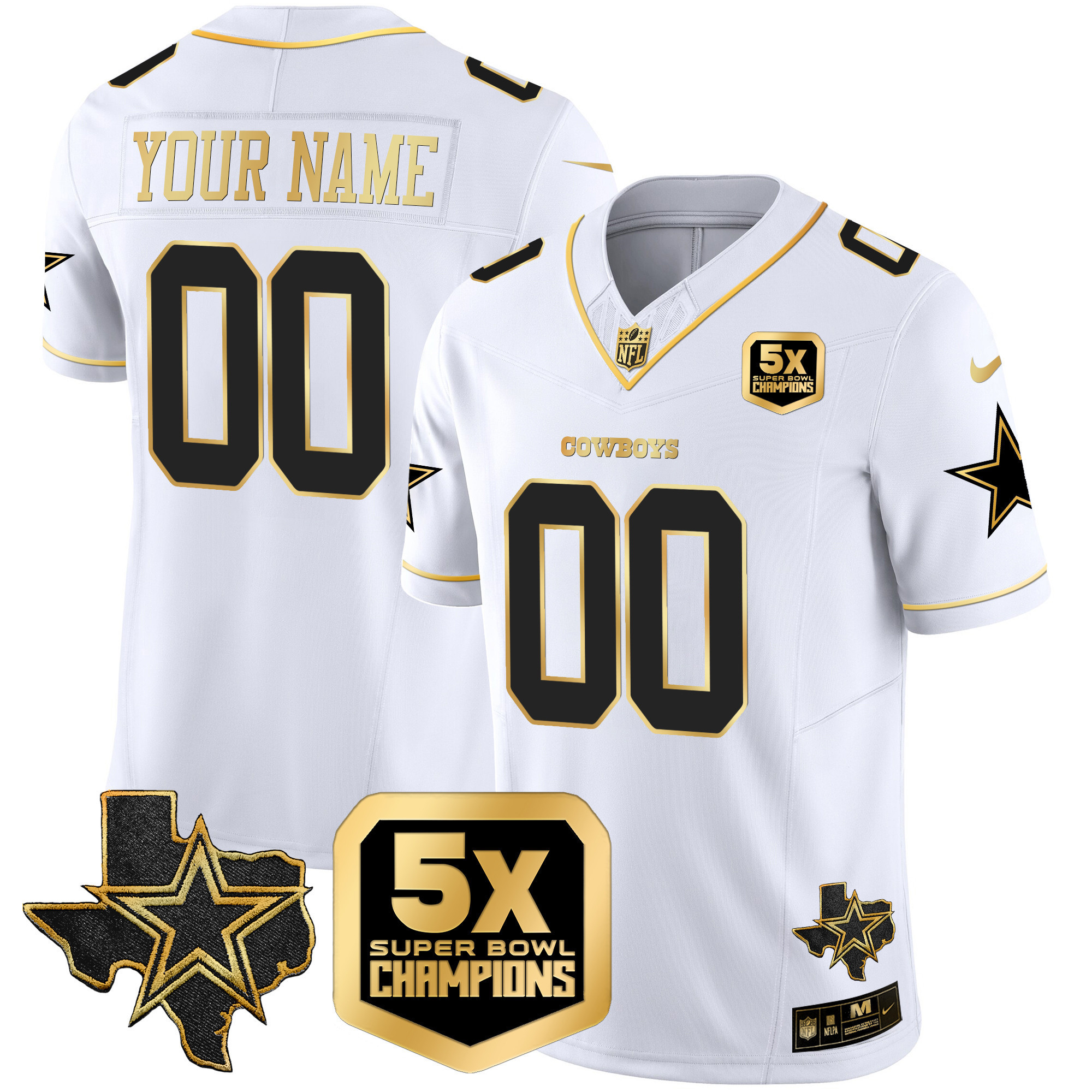 Men's Dallas Cowboys 5x Super Bowl Champions Vapor Limited Custom White Gold Jersey - All Stitched