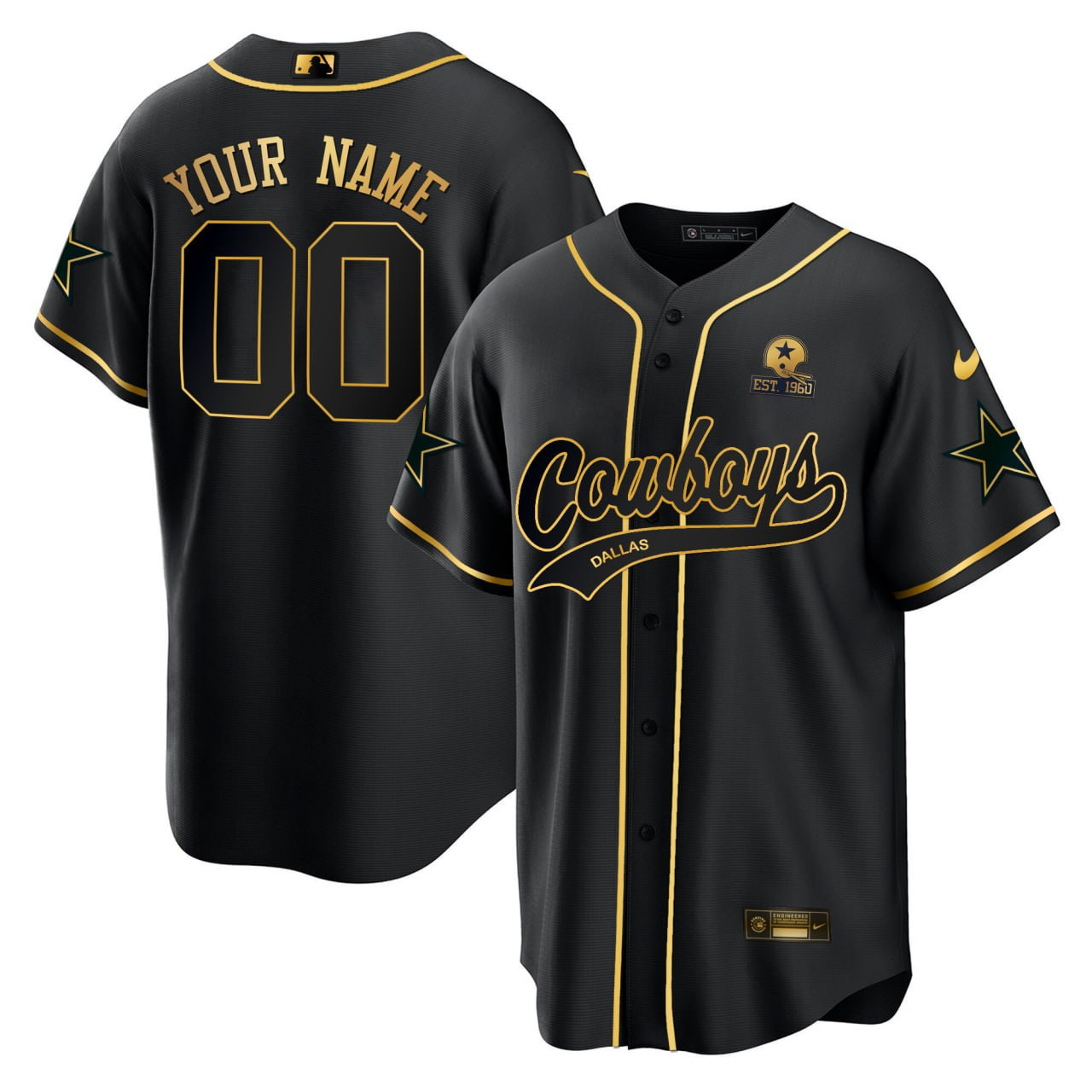 Men's Dallas Cowboys Baseball Black Gold Custom Custom Jersey - All Stitched