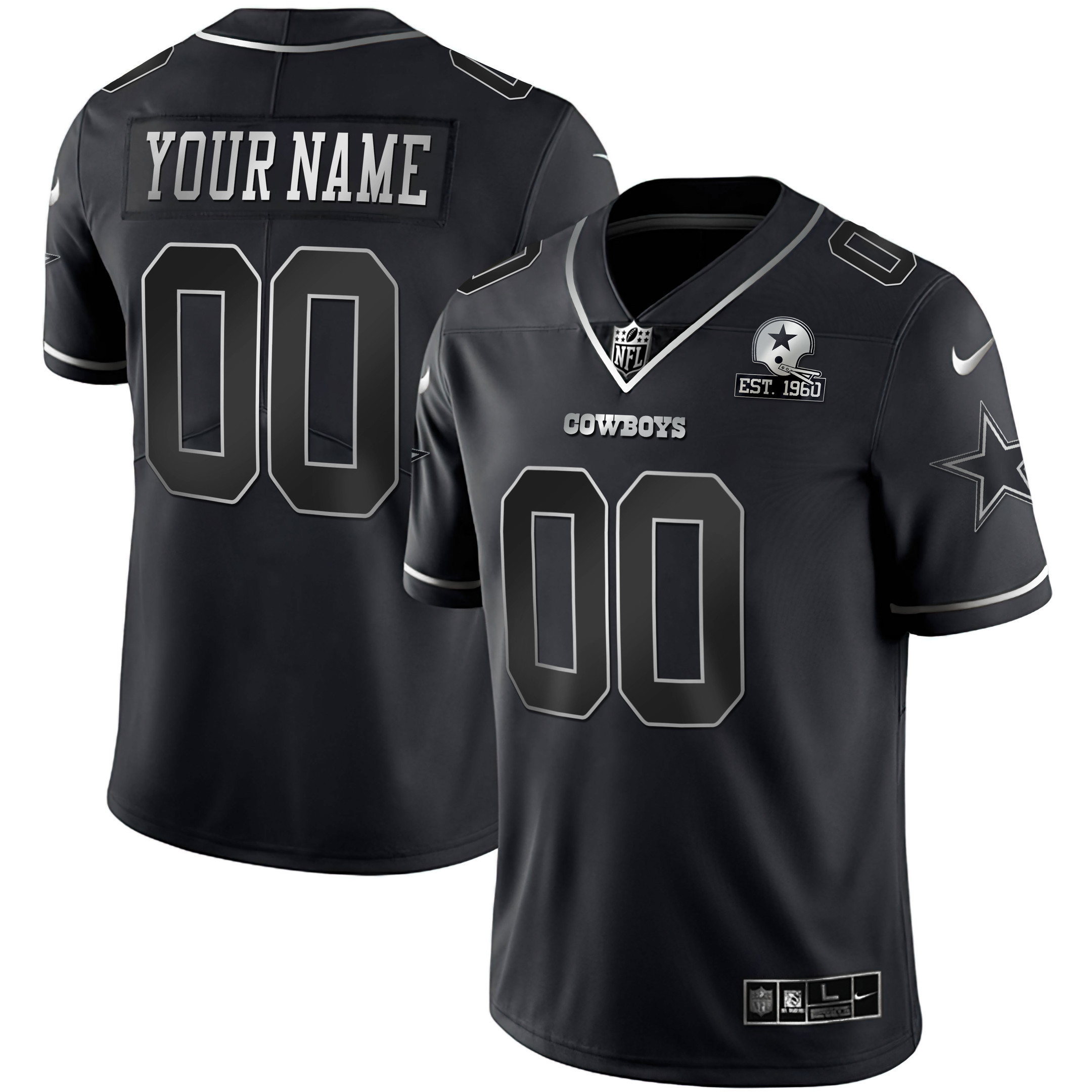 Men's Dallas Cowboys Black Gold & Black Silver Custom Name and Number - Stitched Black Silver Jersey - All Stitched