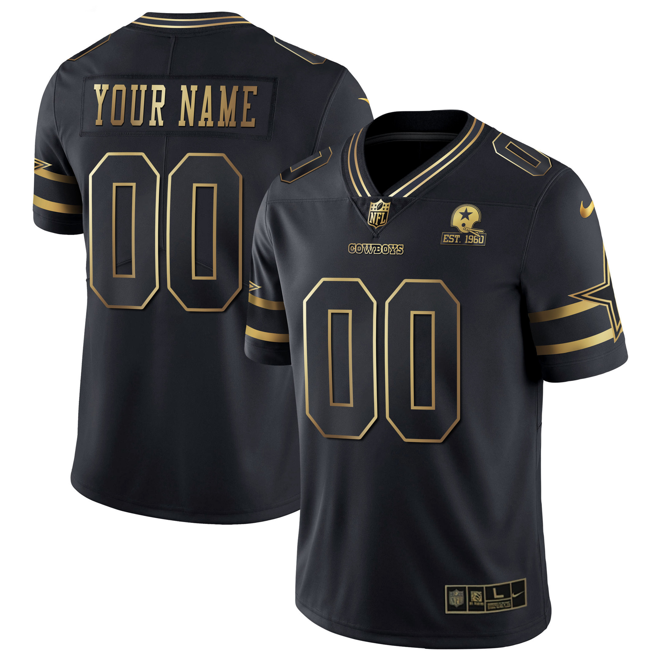 Men's Dallas Cowboys Black Gold & Black Silver Custom Name and Number - Stitched Vapor Limited Gold Jersey - All Stitched