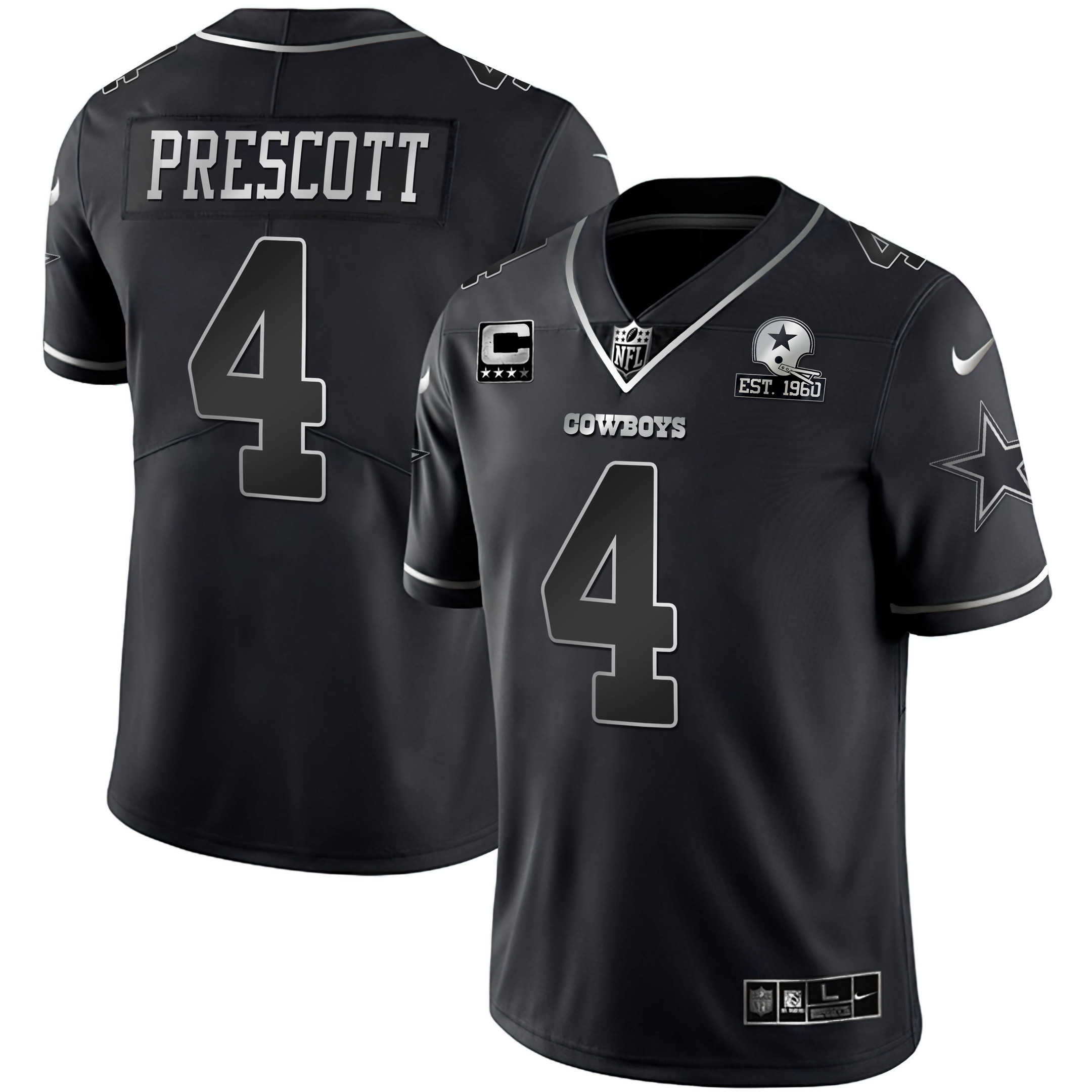 Men's Dallas Cowboys Black Silver Vapor Limited Est 1960 Patch - All Stitched Dak Prescott Jersey - All Stitched