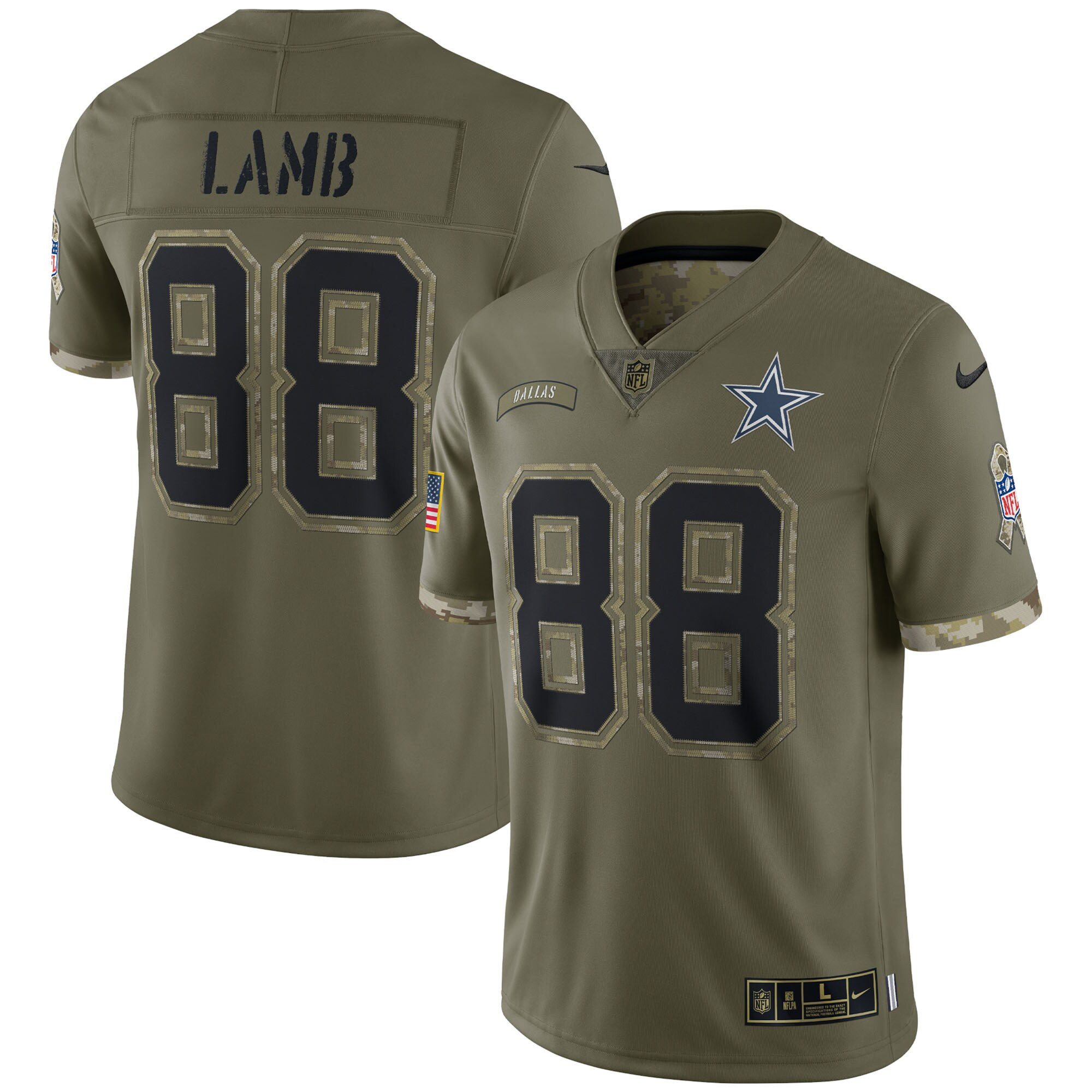 Men's Dallas Cowboys Salute To Service 2022 Limited - Olive - All Stitched CeeDee Lamb Jersey - All Stitched