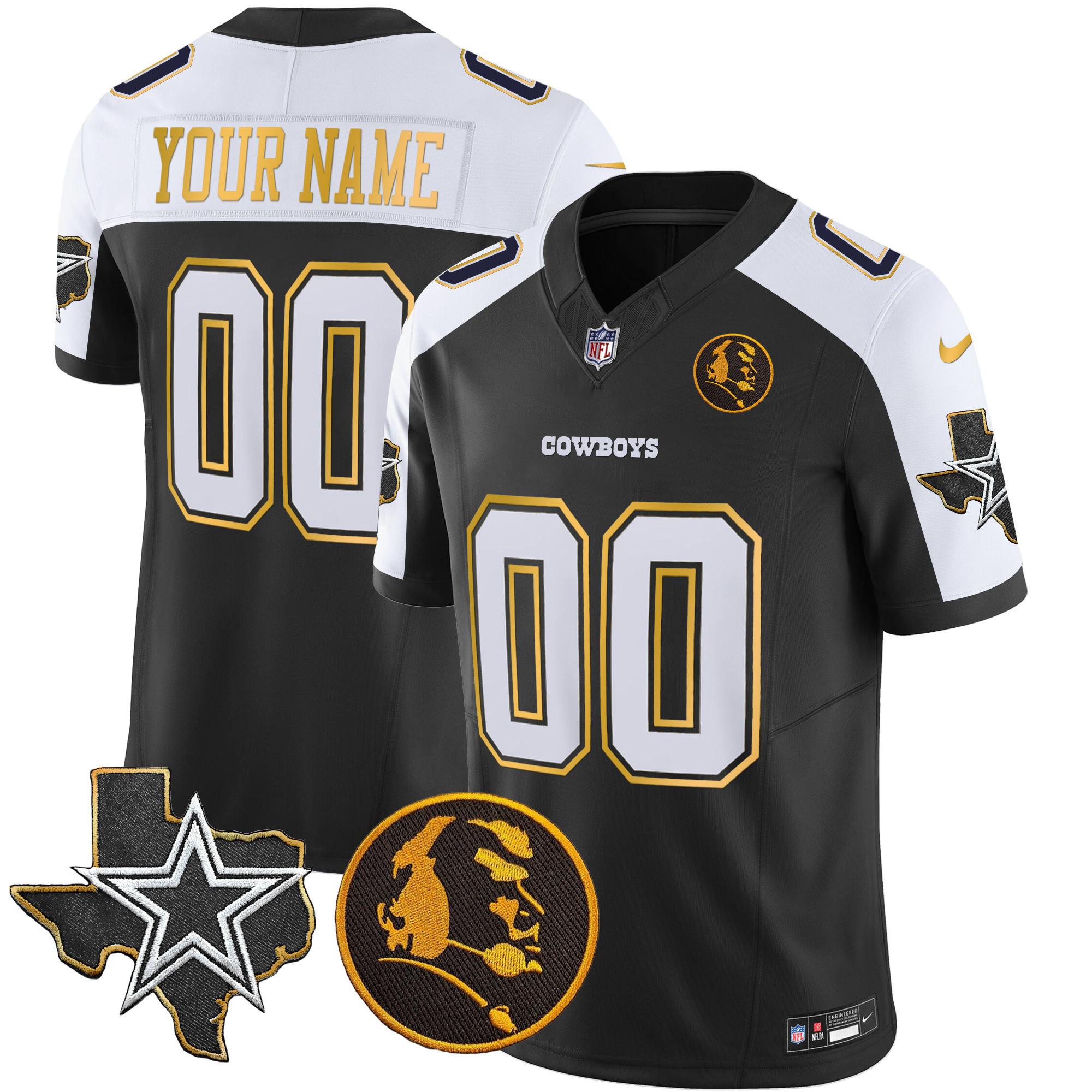 Men's Dallas Cowboys Texas & John Madden Patch Gold Trim Vapor Custom Black Alternate Jersey - All Stitched