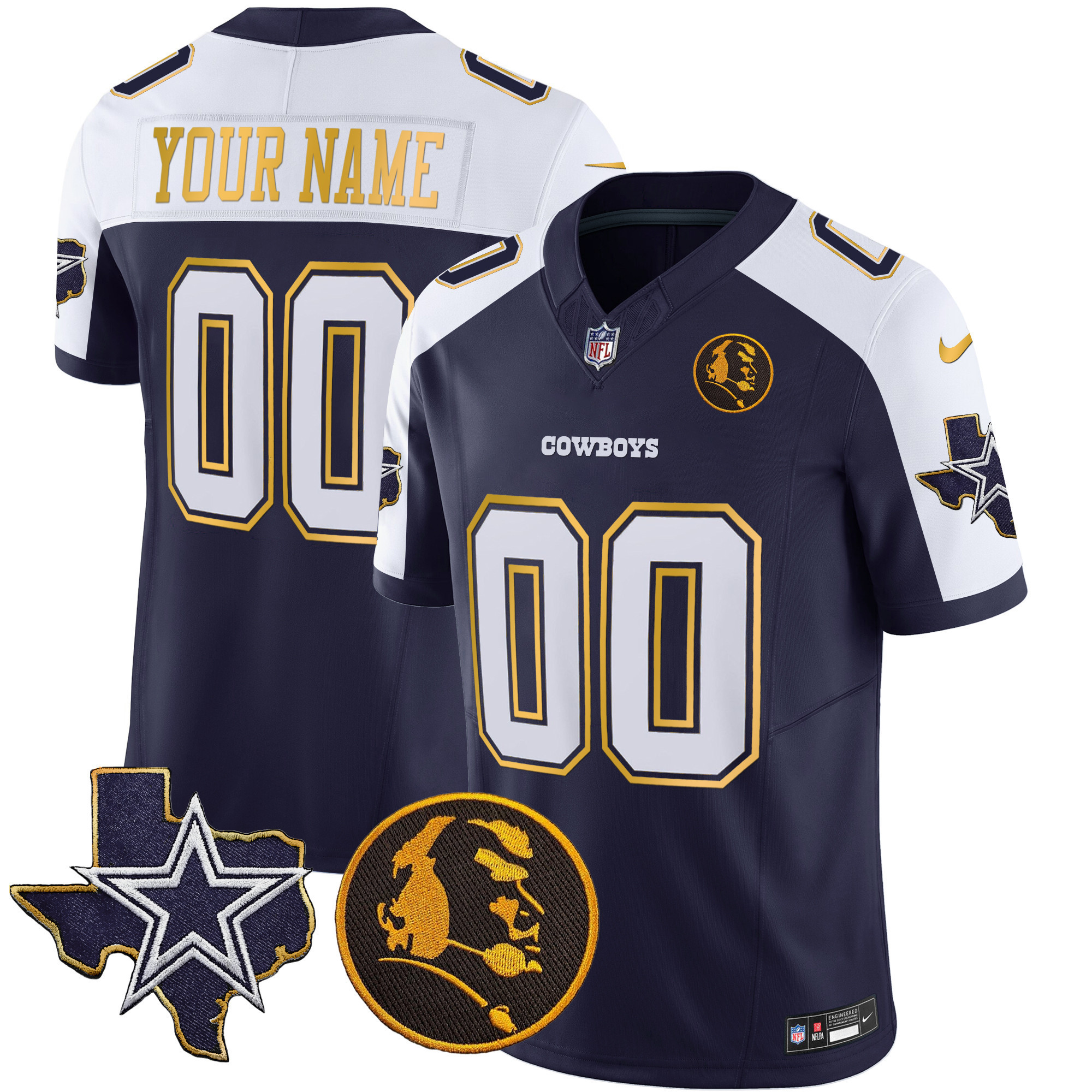 Men's Dallas Cowboys Texas & John Madden Patch Gold Trim Vapor Custom Navy Alternate Jersey - All Stitched