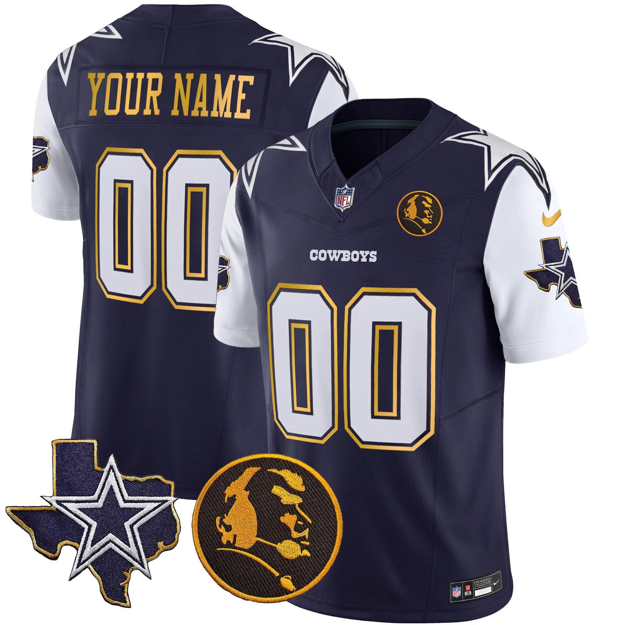 Men's Dallas Cowboys Texas & John Madden Patch Gold Trim Vapor Custom Navy Jersey - All Stitched