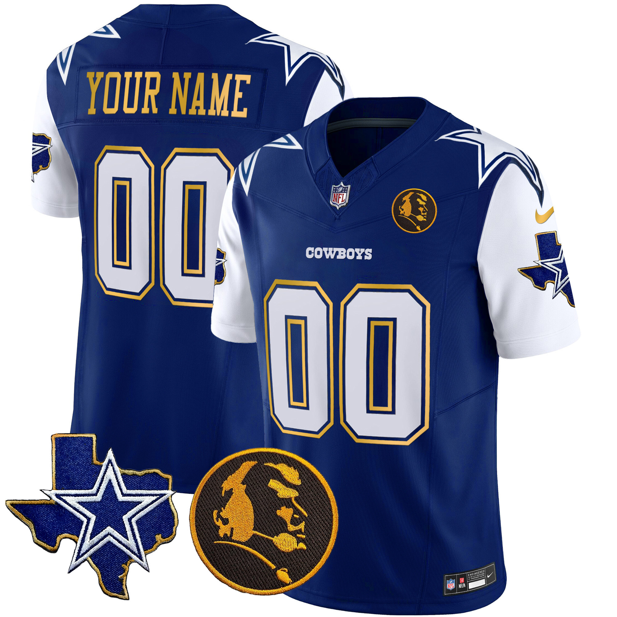 Men's Dallas Cowboys Texas & John Madden Patch Gold Trim Vapor Custom Royal Jersey - All Stitched