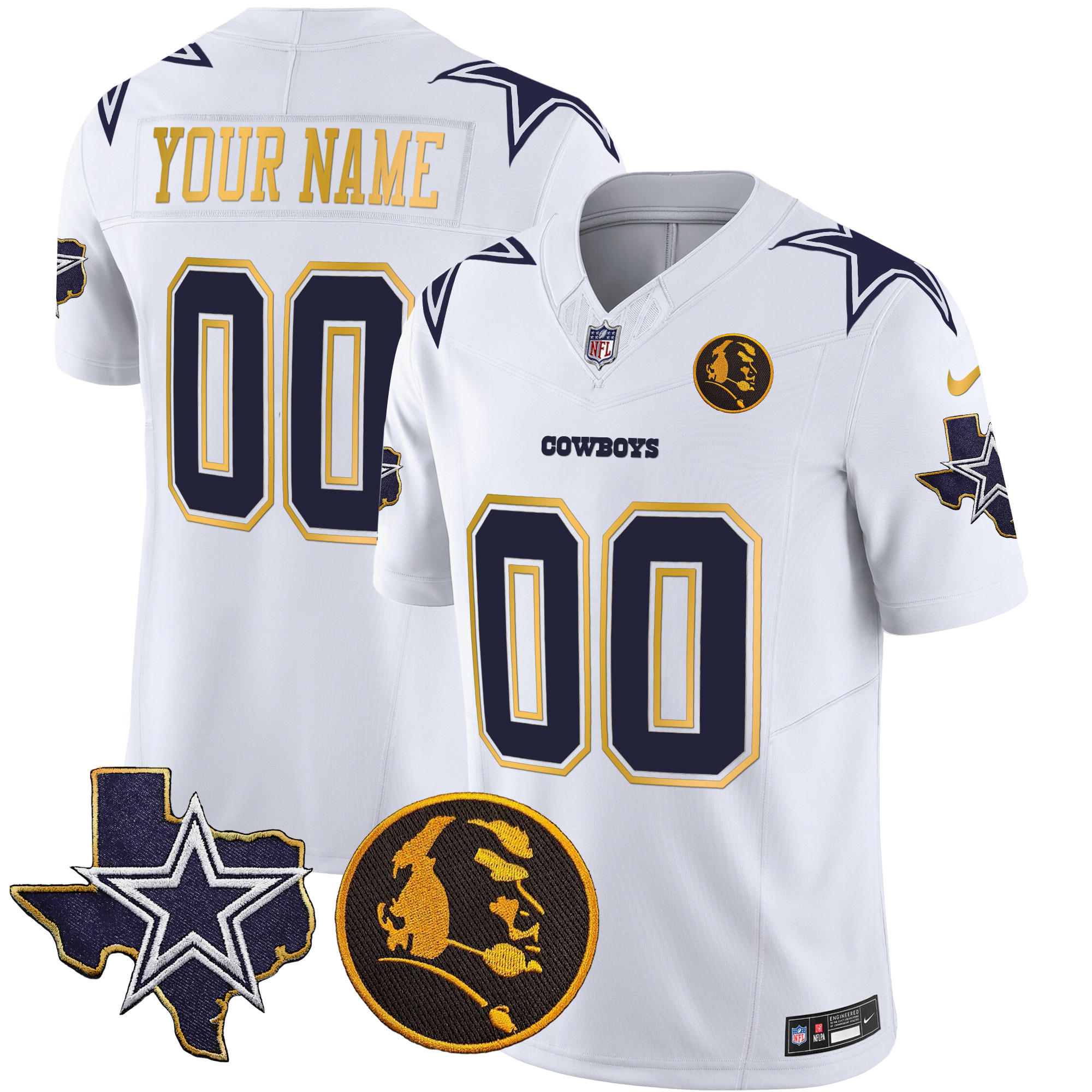 Men's Dallas Cowboys Texas & John Madden Patch Gold Trim Vapor Custom White Jersey - All Stitched