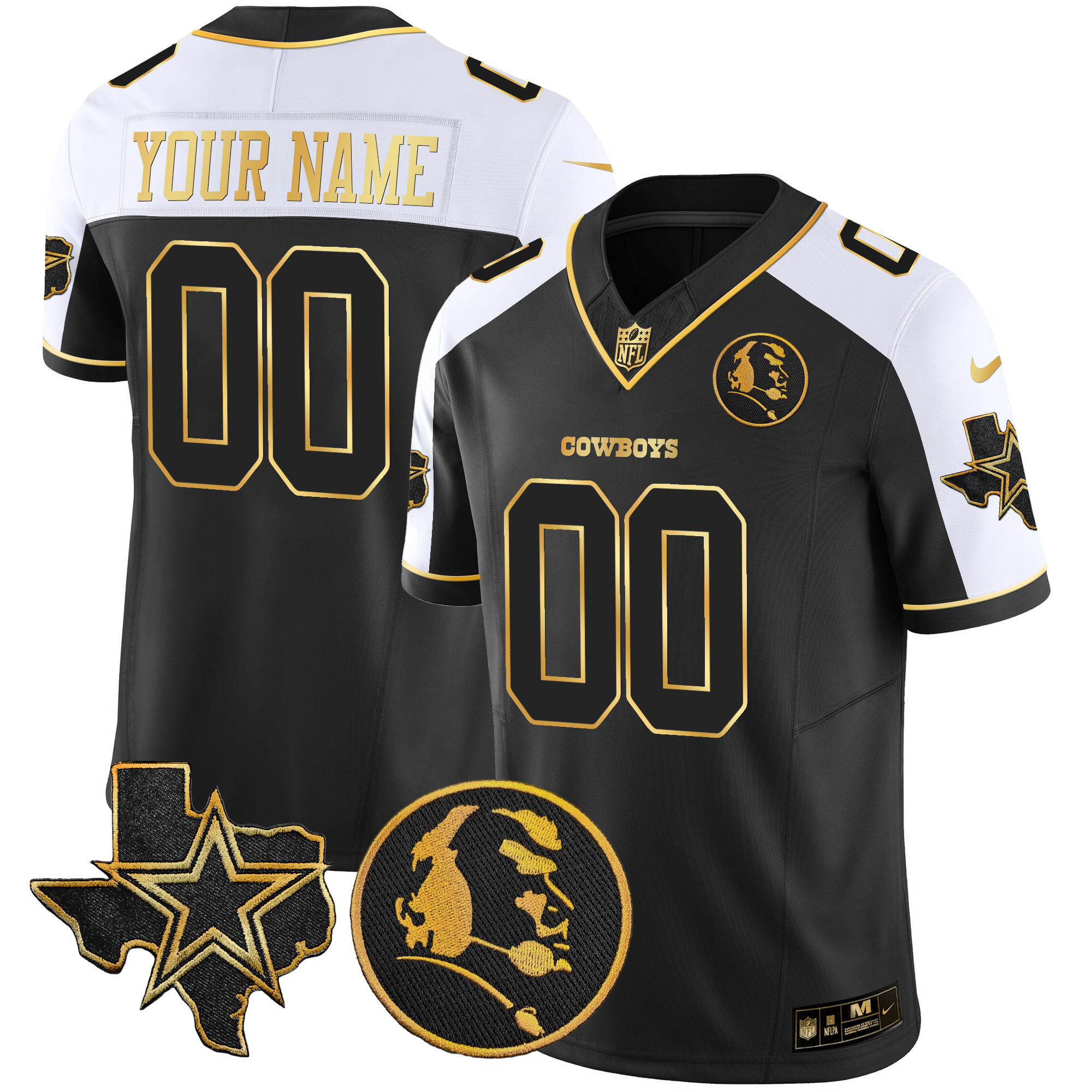Men's Dallas Cowboys Texas & John Madden Patch Gold Vapor Custom Alternate Black Jersey - All Stitched