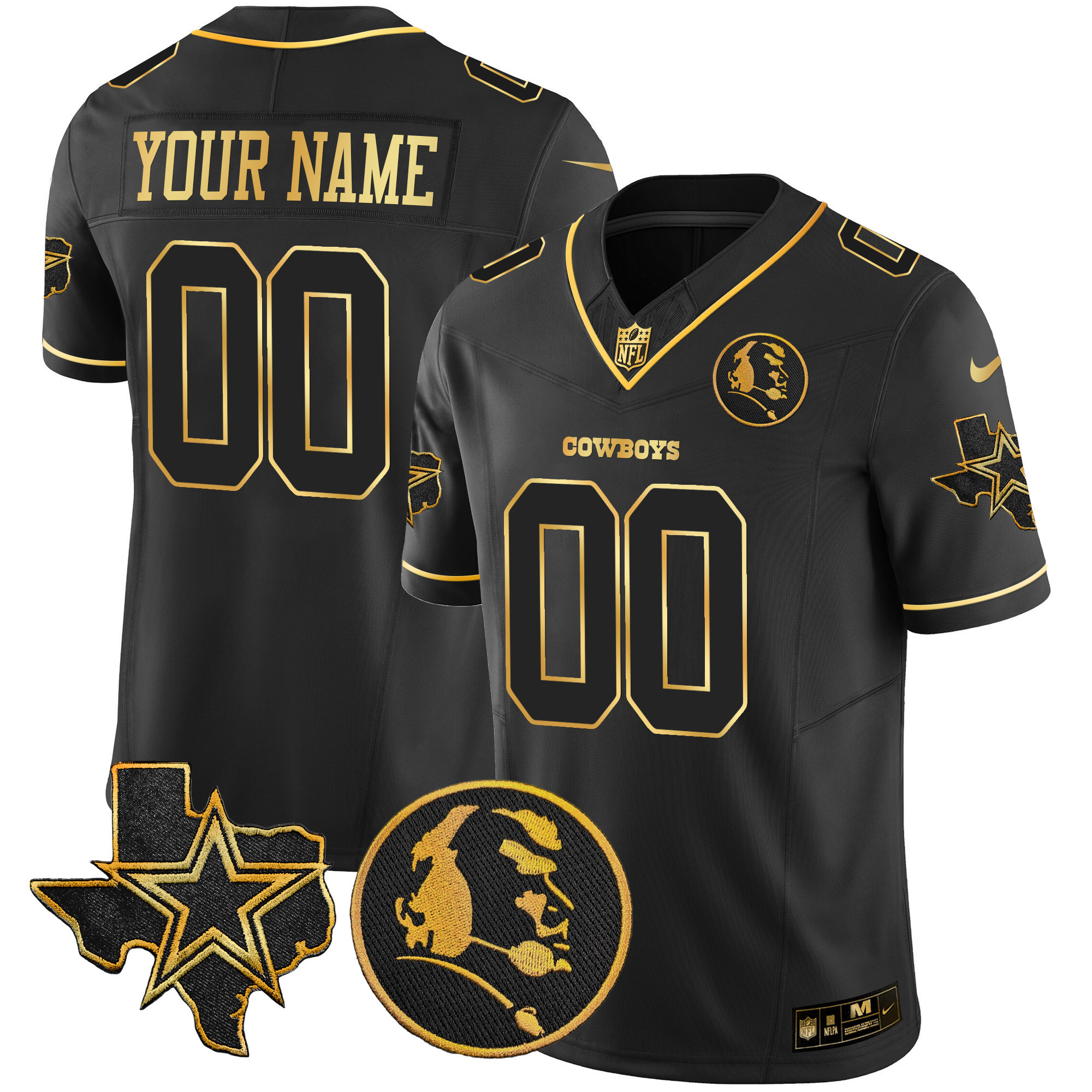 Men's Dallas Cowboys Texas & John Madden Patch Gold Vapor Custom Black Jersey - All Stitched