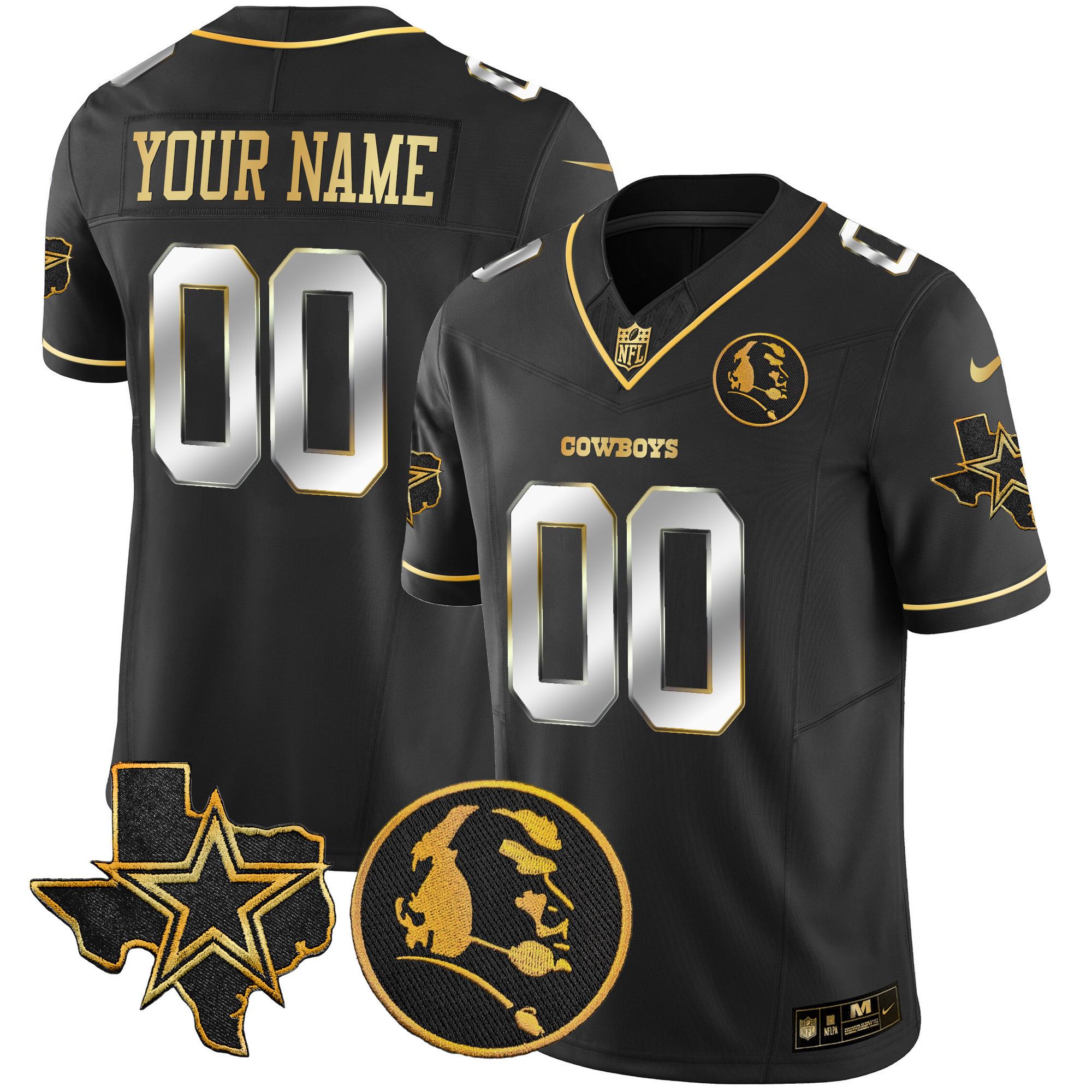Men's Dallas Cowboys Texas & John Madden Patch Gold Vapor Custom Black Limited Jersey - All Stitched
