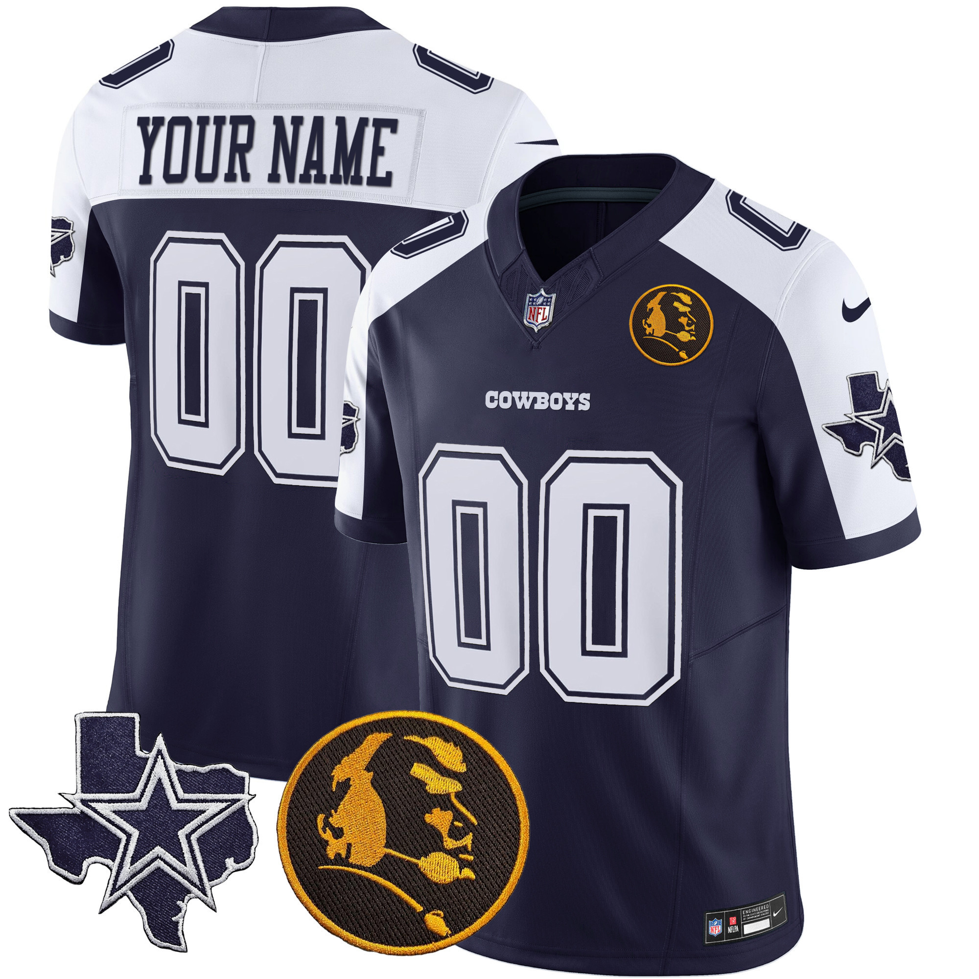 Men's Dallas Cowboys Texas & John Madden Patch Vapor Custom Alternate Navy Jersey - All Stitched