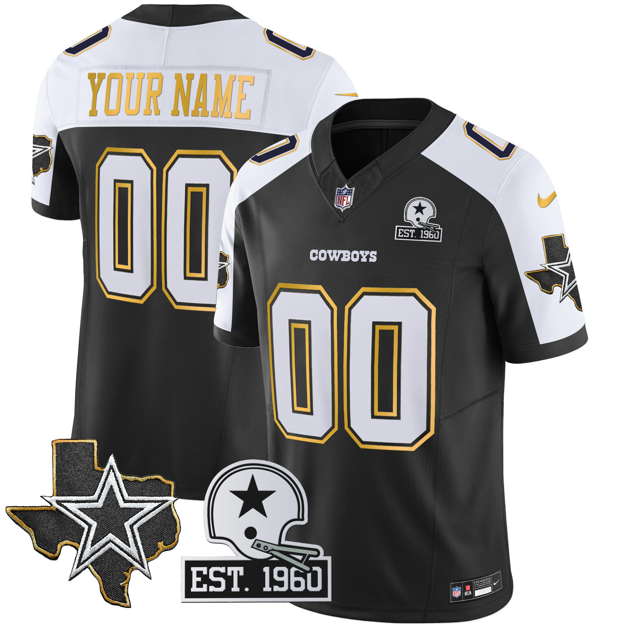 Men's Dallas Cowboys Texas Patch Gold Trim Vapor Custom Black Alternate Jersey - All Stitched