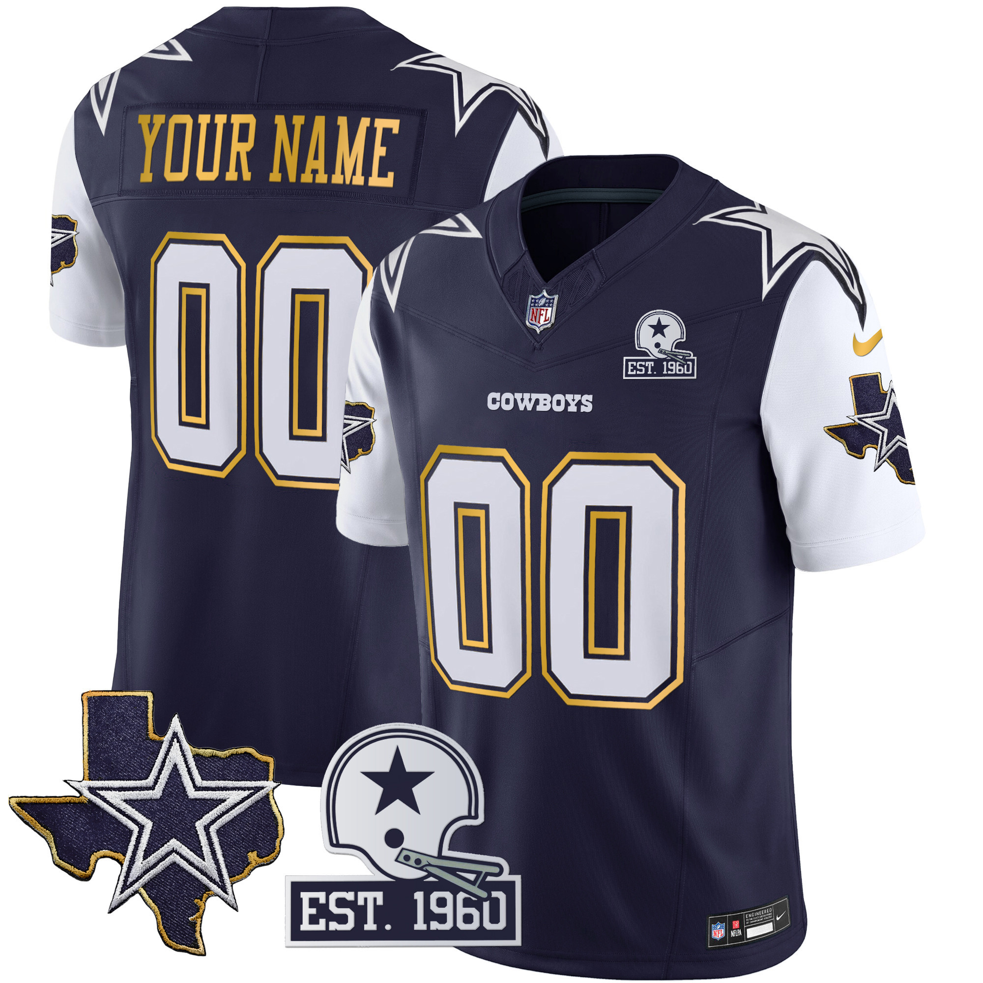 Men's Dallas Cowboys Texas Patch Gold Trim Vapor Custom Navy Jersey - All Stitched