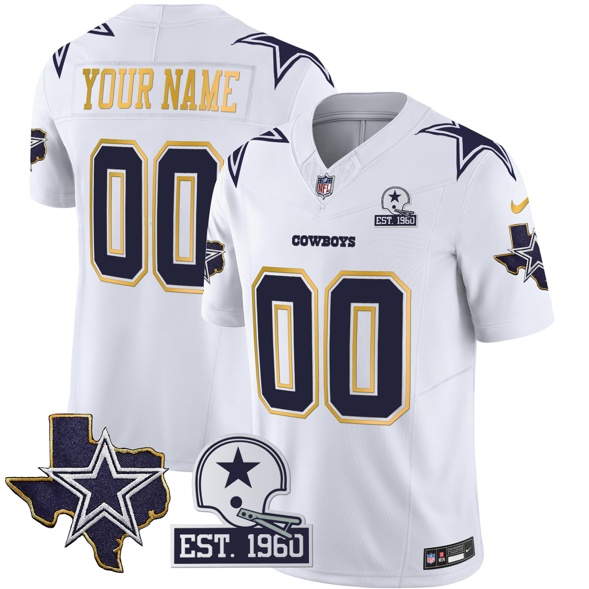 Men's Dallas Cowboys Texas Patch Gold Trim Vapor Custom White Jersey - All Stitched