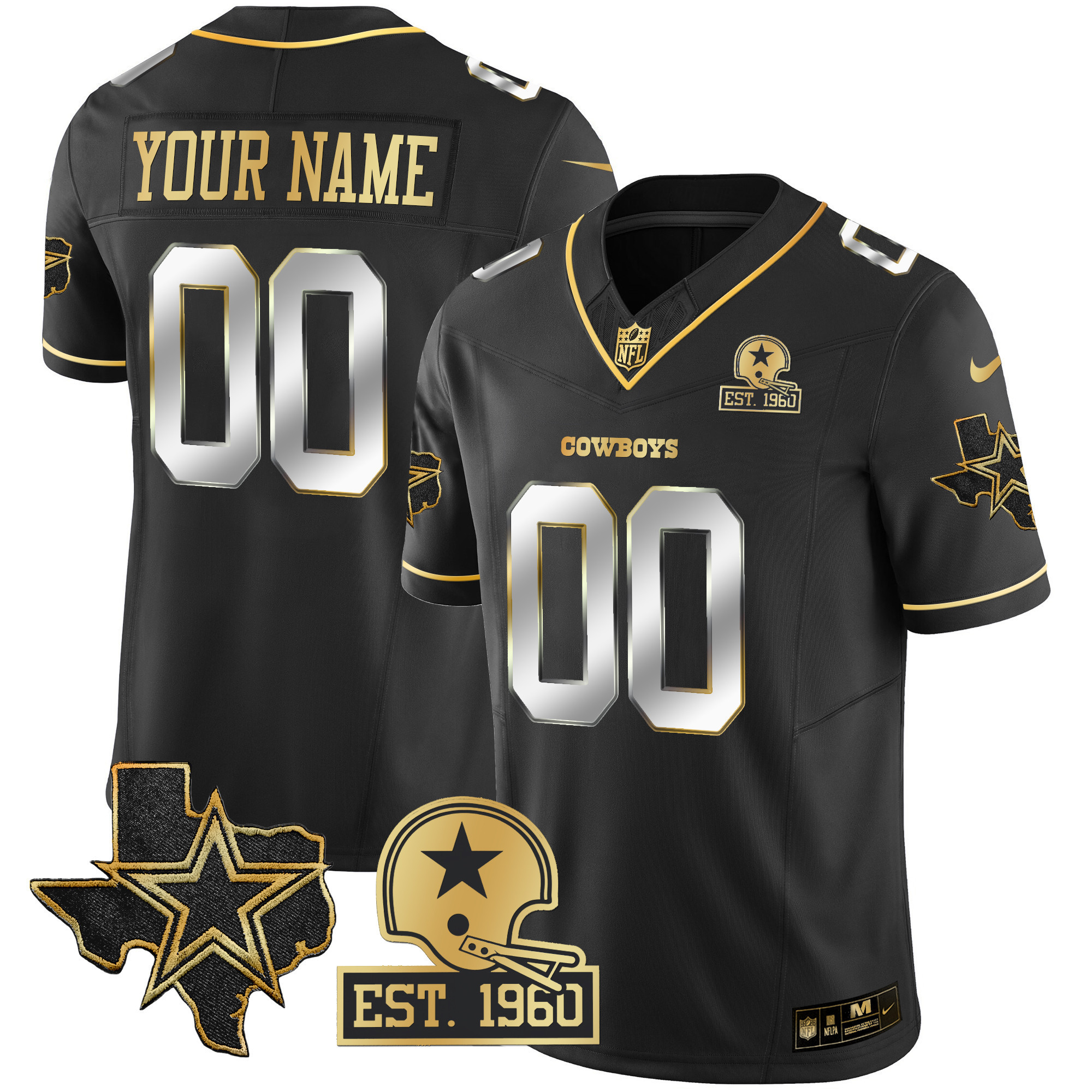 Men's Dallas Cowboys Texas Patch Gold Vapor Custom Black Limited Jersey - All Stitched