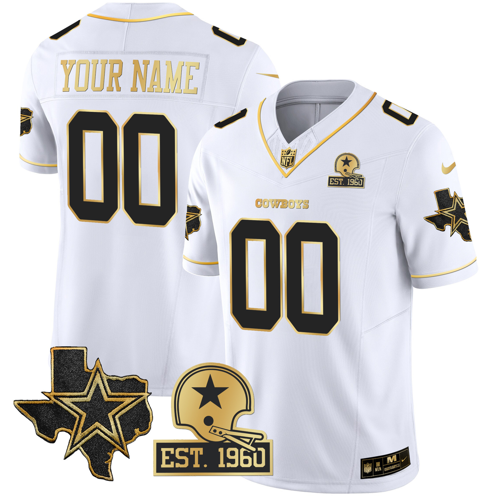 Men's Dallas Cowboys Texas Patch Gold Vapor Custom White Gold Jersey - All Stitched