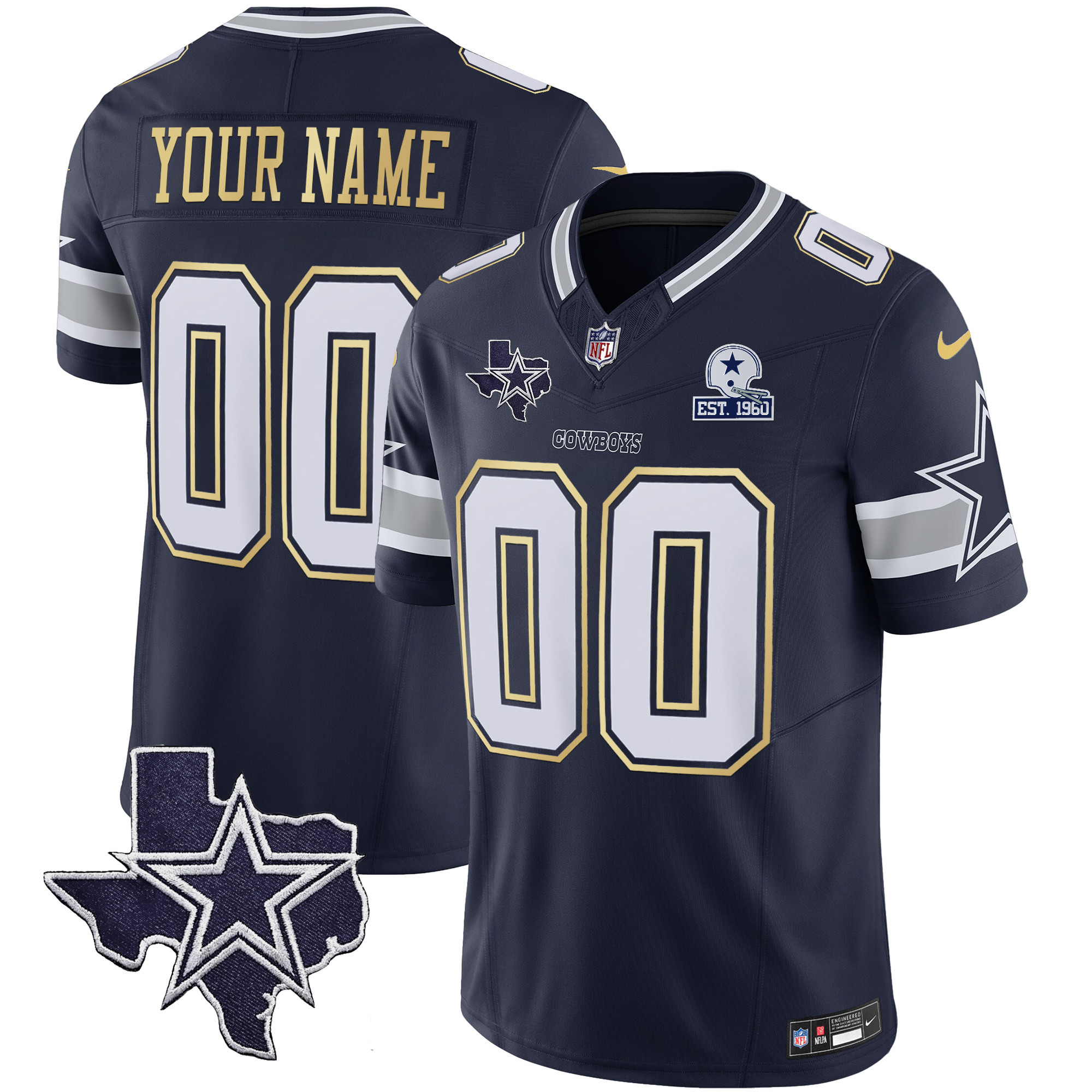 Men's Dallas Cowboys Vapor Gold Custom Navy Gold Jersey - All Stitched
