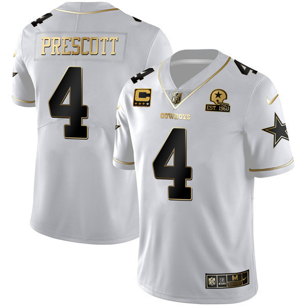 Men's Dallas Cowboys White Gold Est 1960 Patch - All Stitched Dak Prescott Jersey - All Stitched