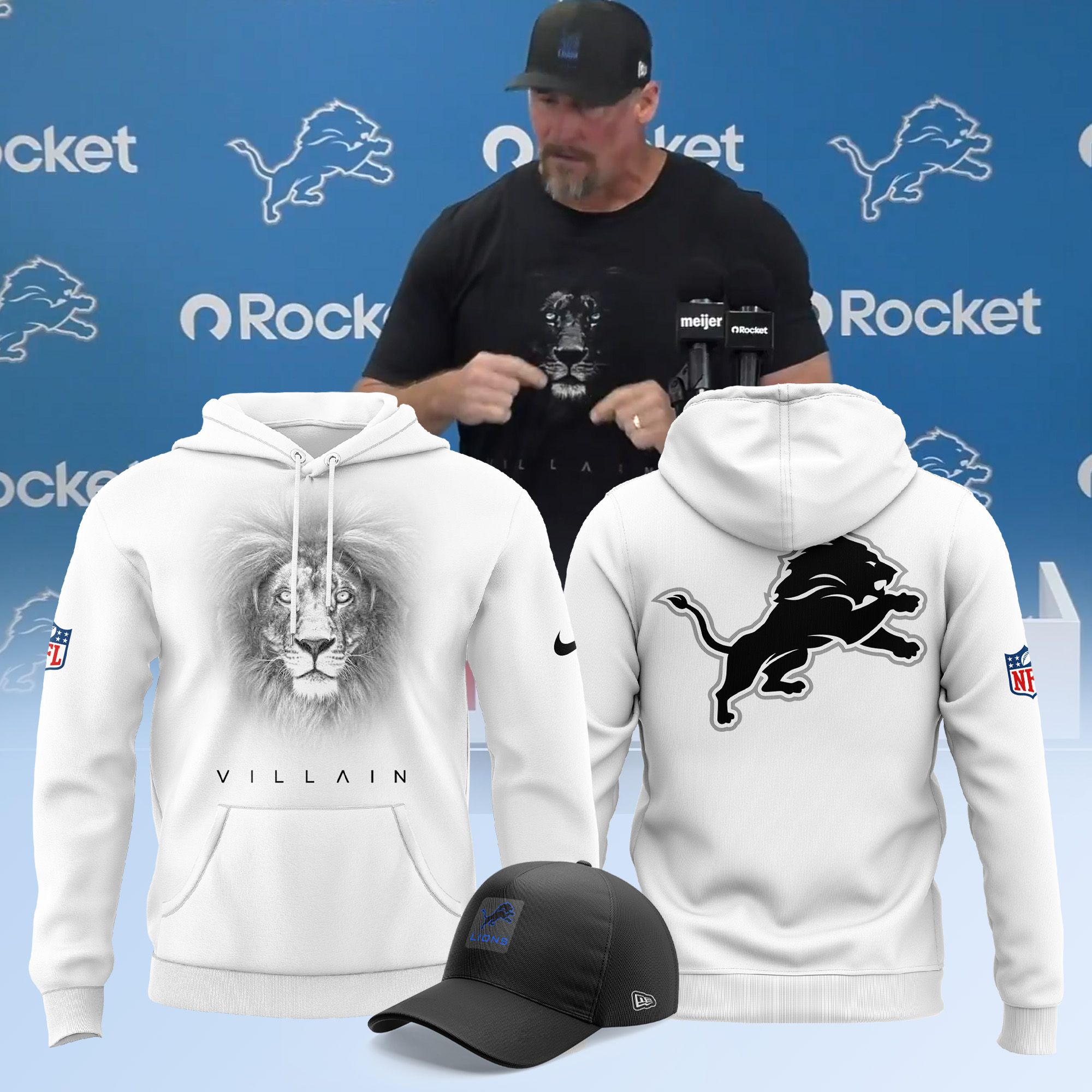 Men's Dan Campbell Detroit Lions Villain White Hoodie