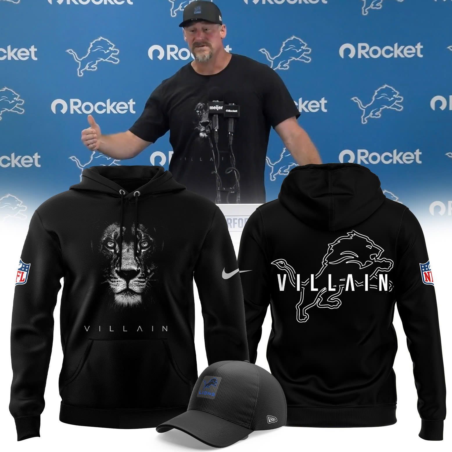 Men's Dan Campbell Lions 2025 Villain Fleece Hoodie Black V4