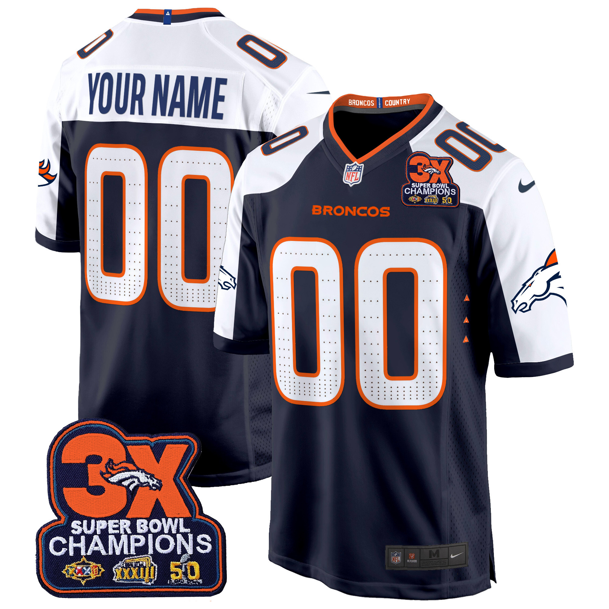 Men's Denver Broncos 3-Time Champions Patch Game Custom Navy Alternate Jersey - All Stitched