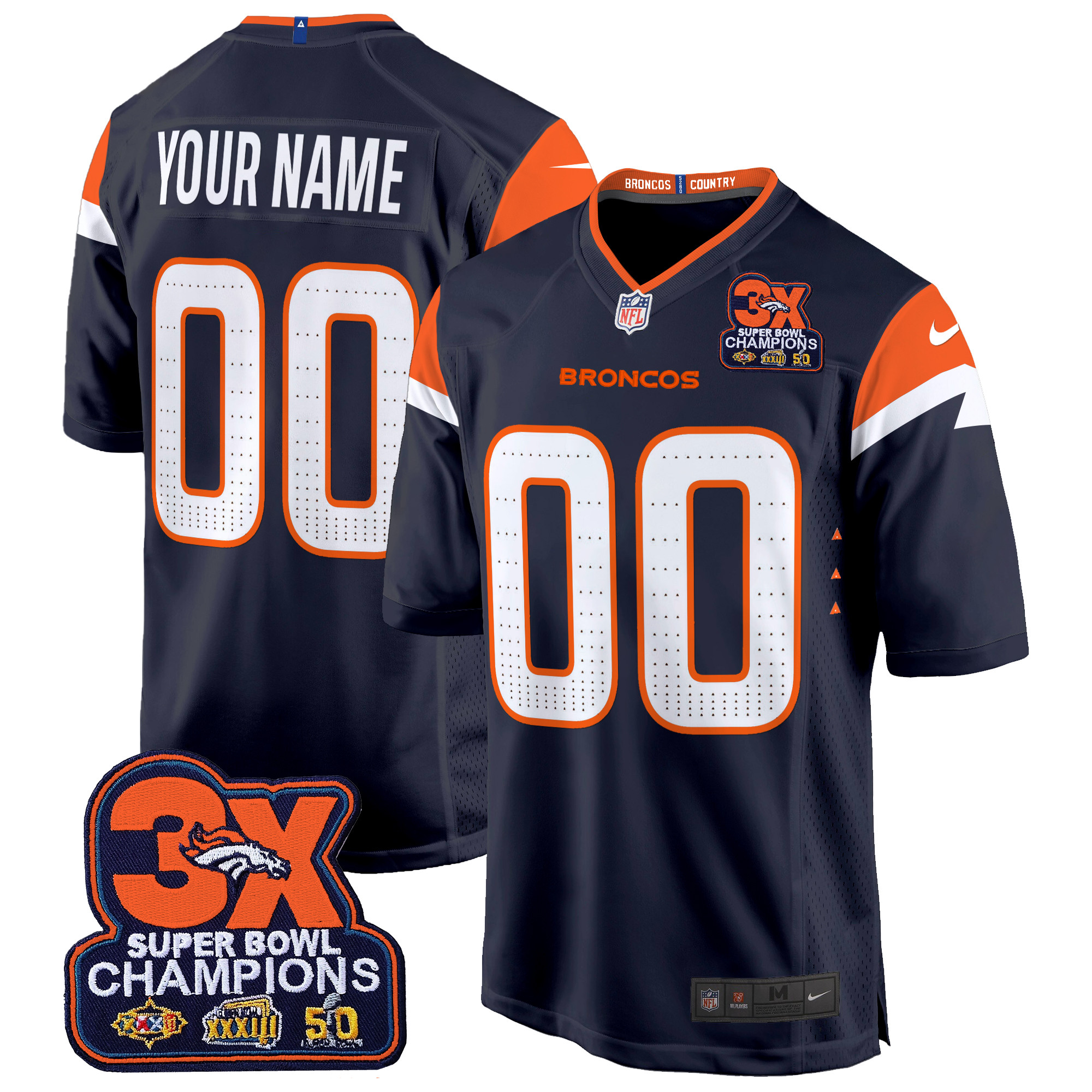Men's Denver Broncos 3-Time Champions Patch Game Custom Navy Jersey - All Stitched