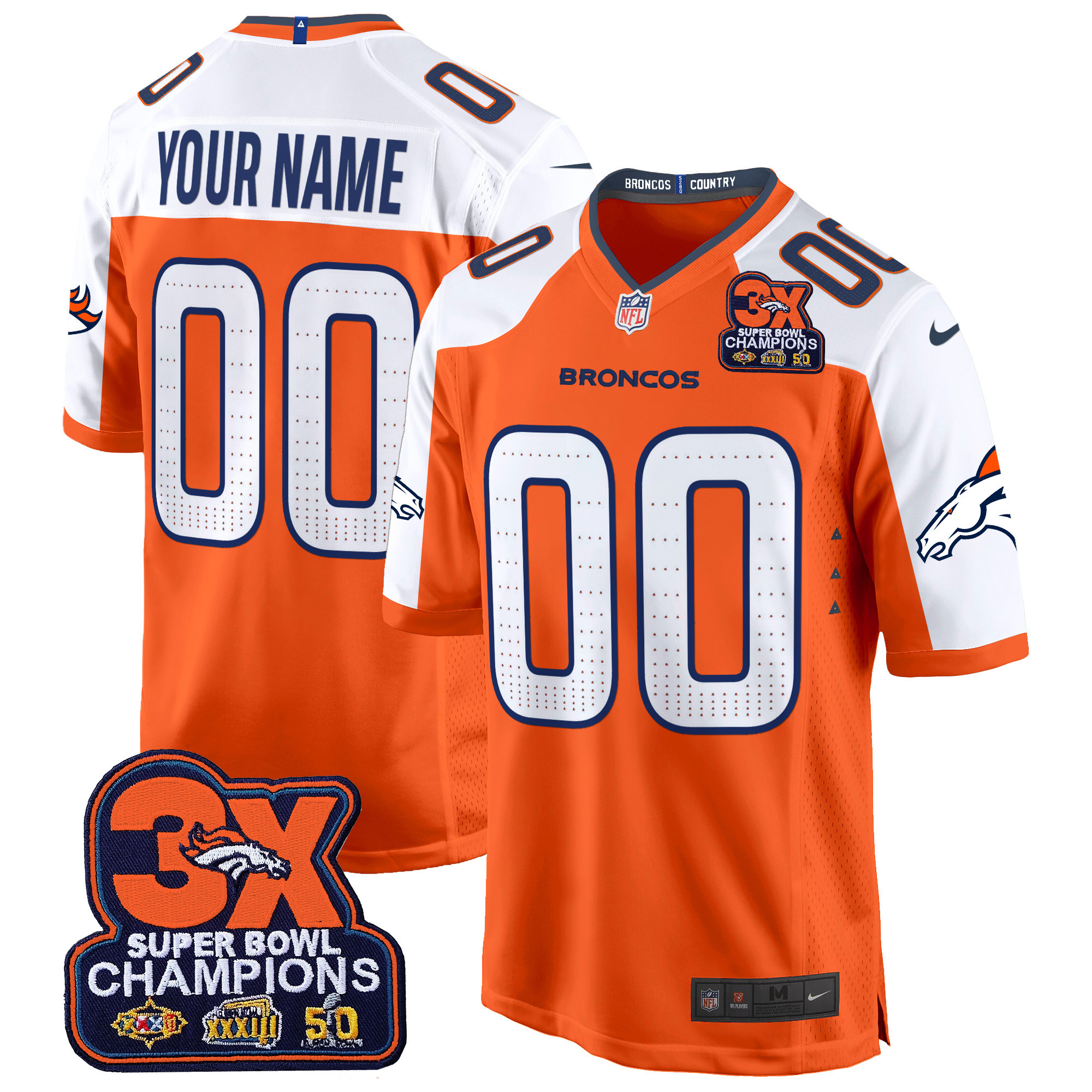 Men's Denver Broncos 3-Time Champions Patch Game Custom Orange Alternate Jersey - All Stitched