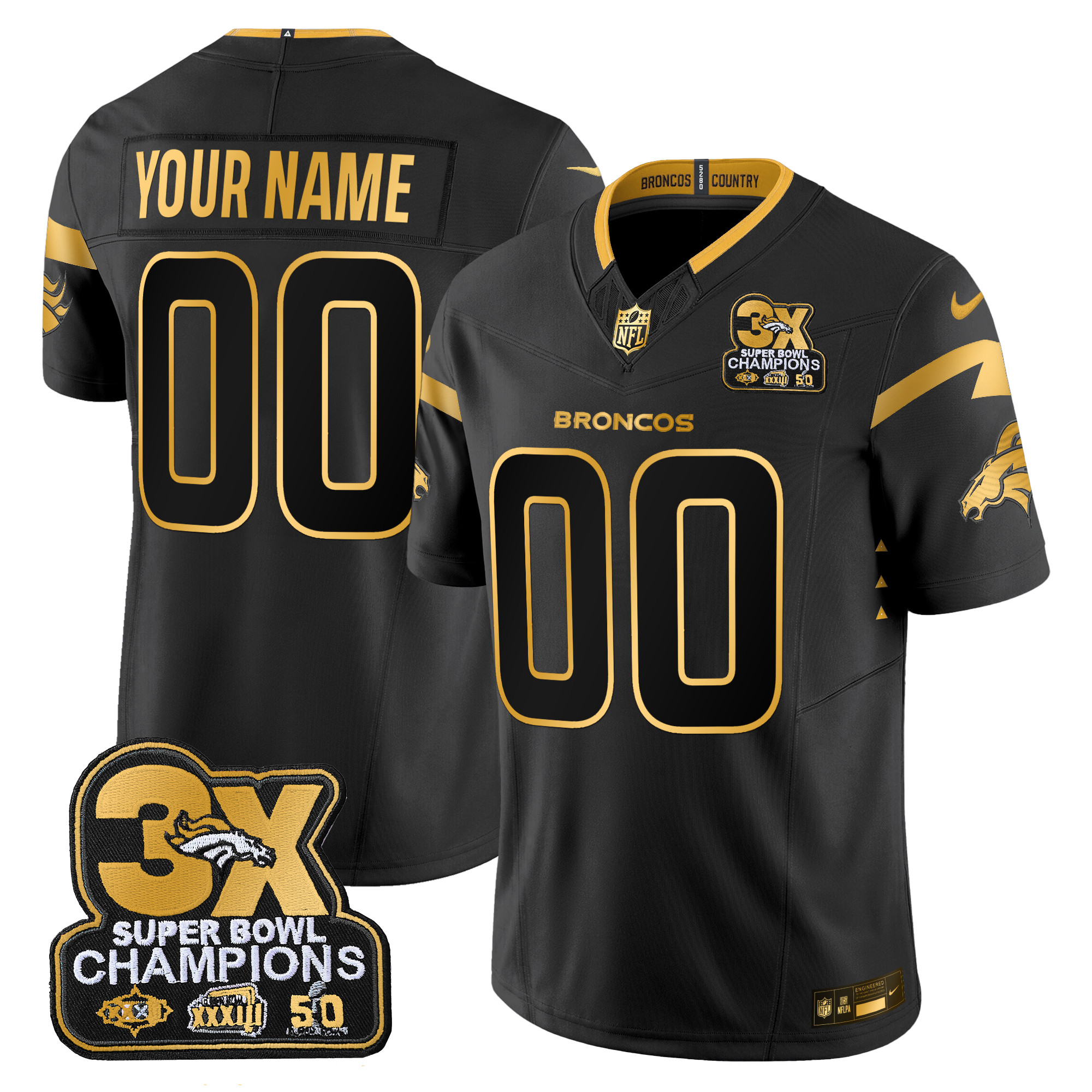 Men's Denver Broncos 3-Time Champions Patch Gold Vapor Limited Custom Black Gold Jersey - All Stitched
