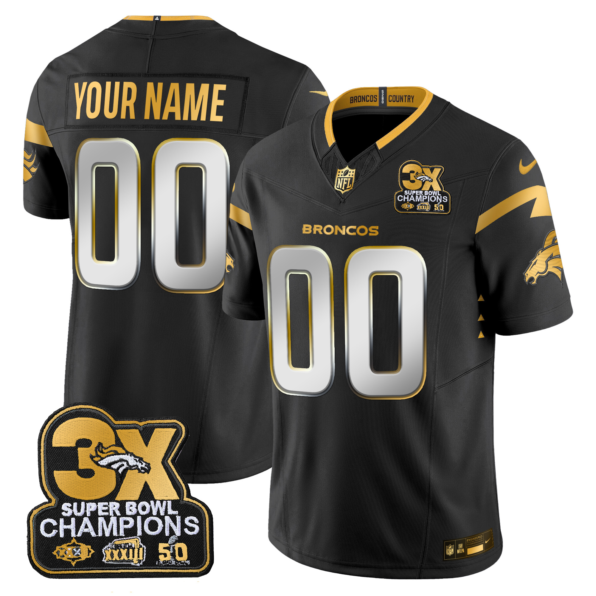 Men's Denver Broncos 3-Time Champions Patch Gold Vapor Limited Custom Black Limited Jersey - All Stitched