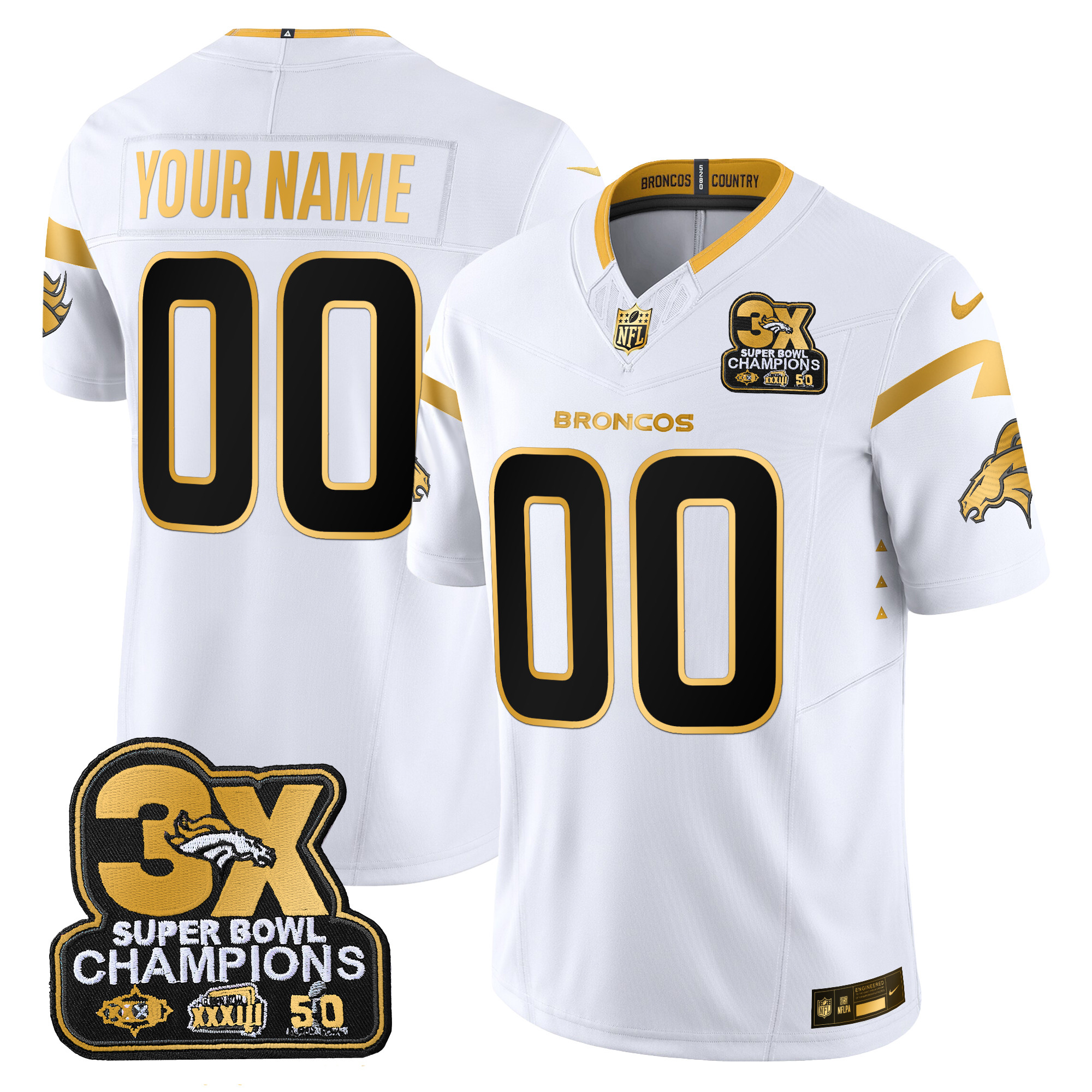 Men's Denver Broncos 3-Time Champions Patch Gold Vapor Limited Custom White Gold Jersey - All Stitched