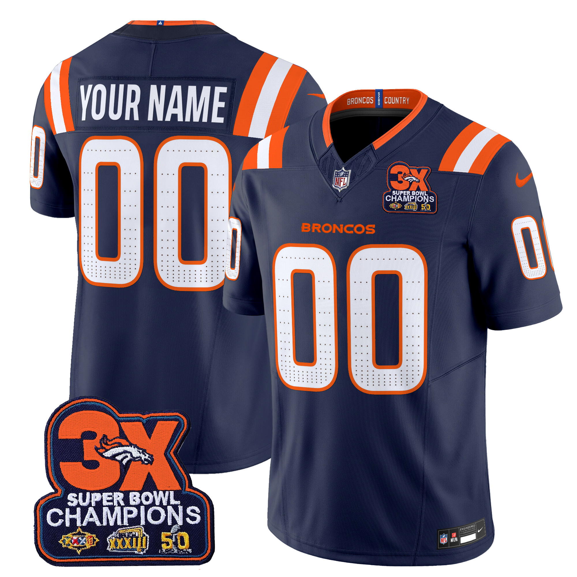 Men's Denver Broncos 3-Time Champions Patch Vapor Limited Custom Navy Jersey - All Stitched