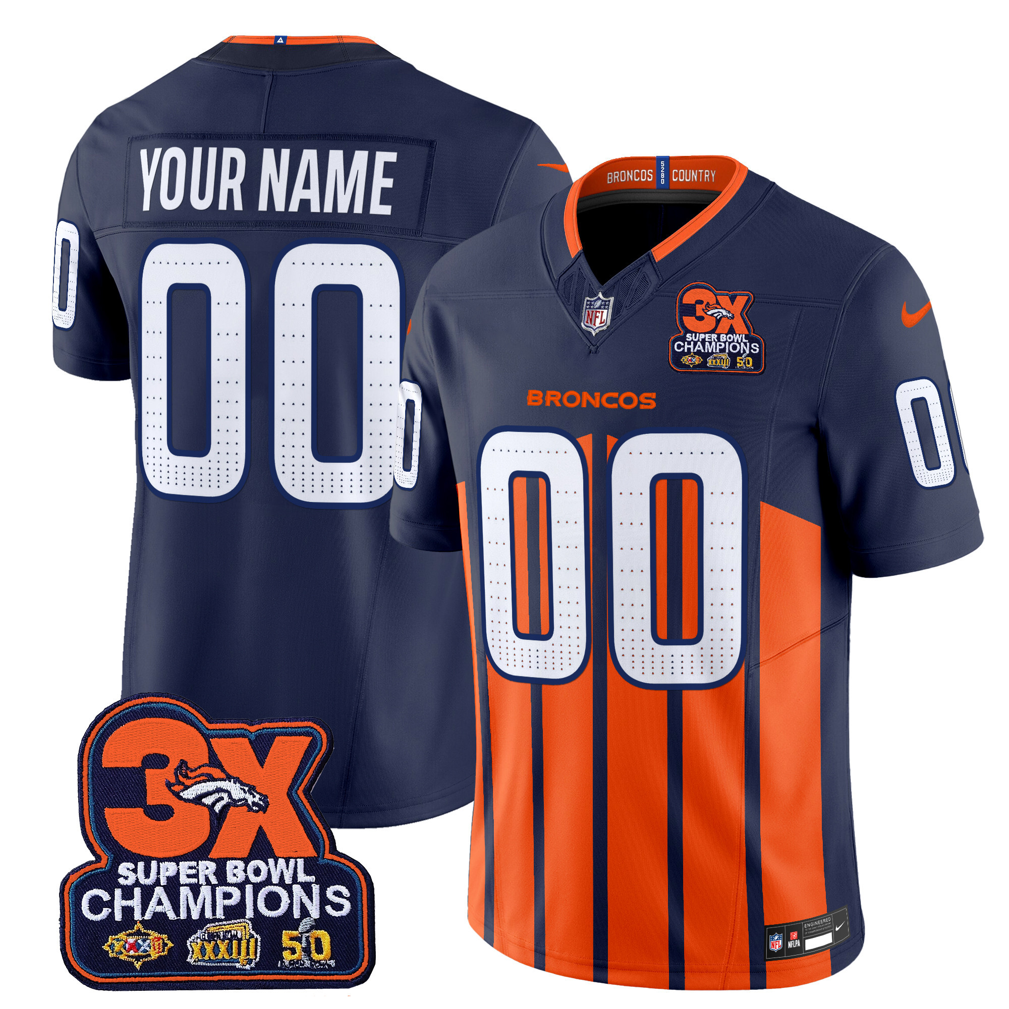 Men's Denver Broncos 3-Time Champions Patch Vapor Limited Custom Navy Special Jersey - All Stitched