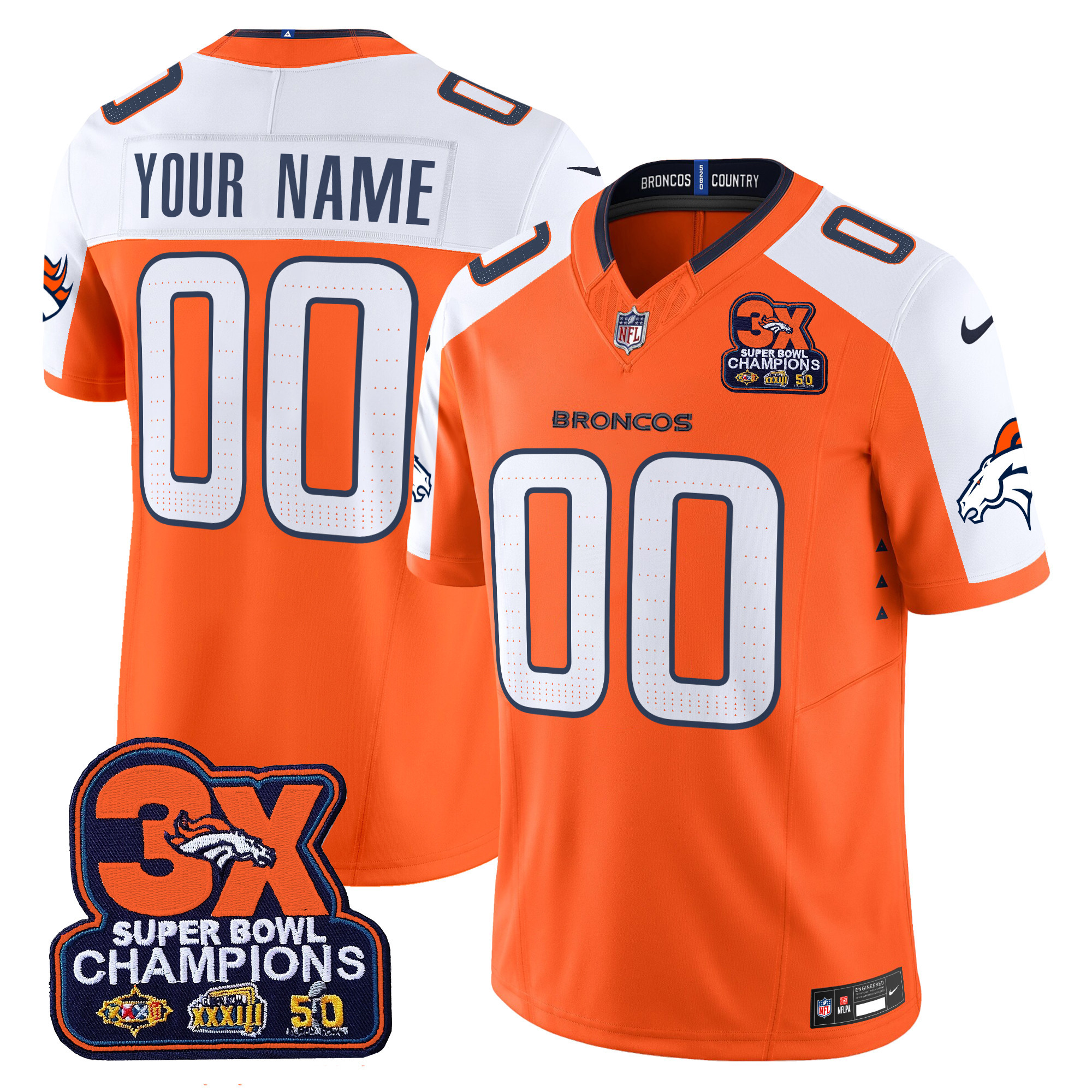 Men's Denver Broncos 3-Time Champions Patch Vapor Limited Custom Orange Alternate Jersey - All Stitched