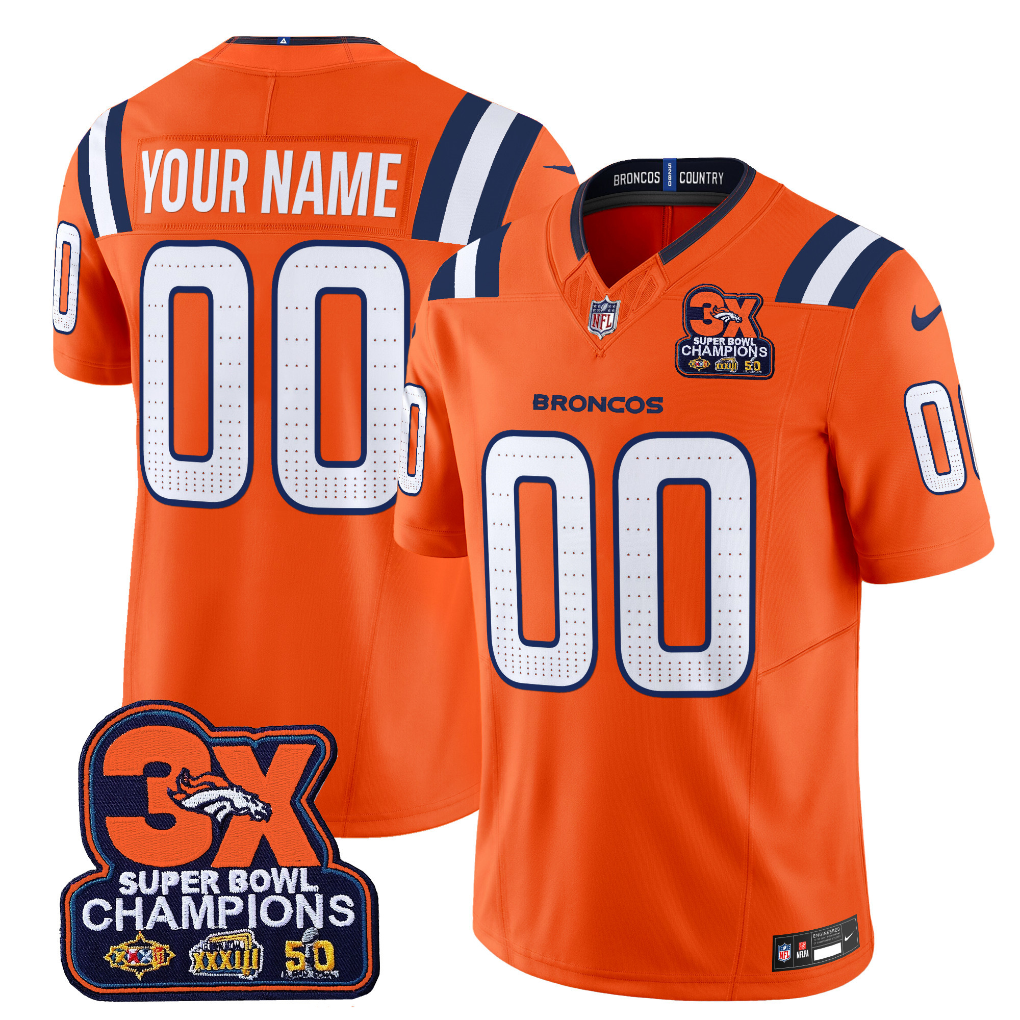 Men's Denver Broncos 3-Time Champions Patch Vapor Limited Custom Orange Jersey - All Stitched
