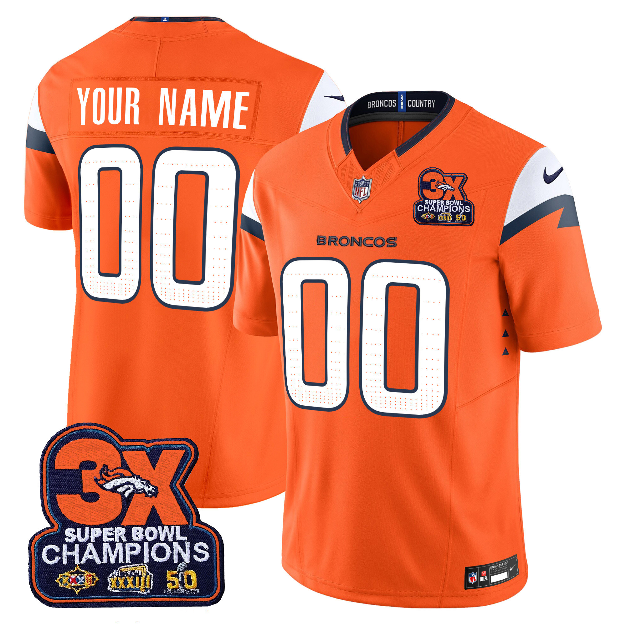 Men's Denver Broncos 3-Time Champions Patch Vapor Limited Custom Orange Jersey - All Stitched