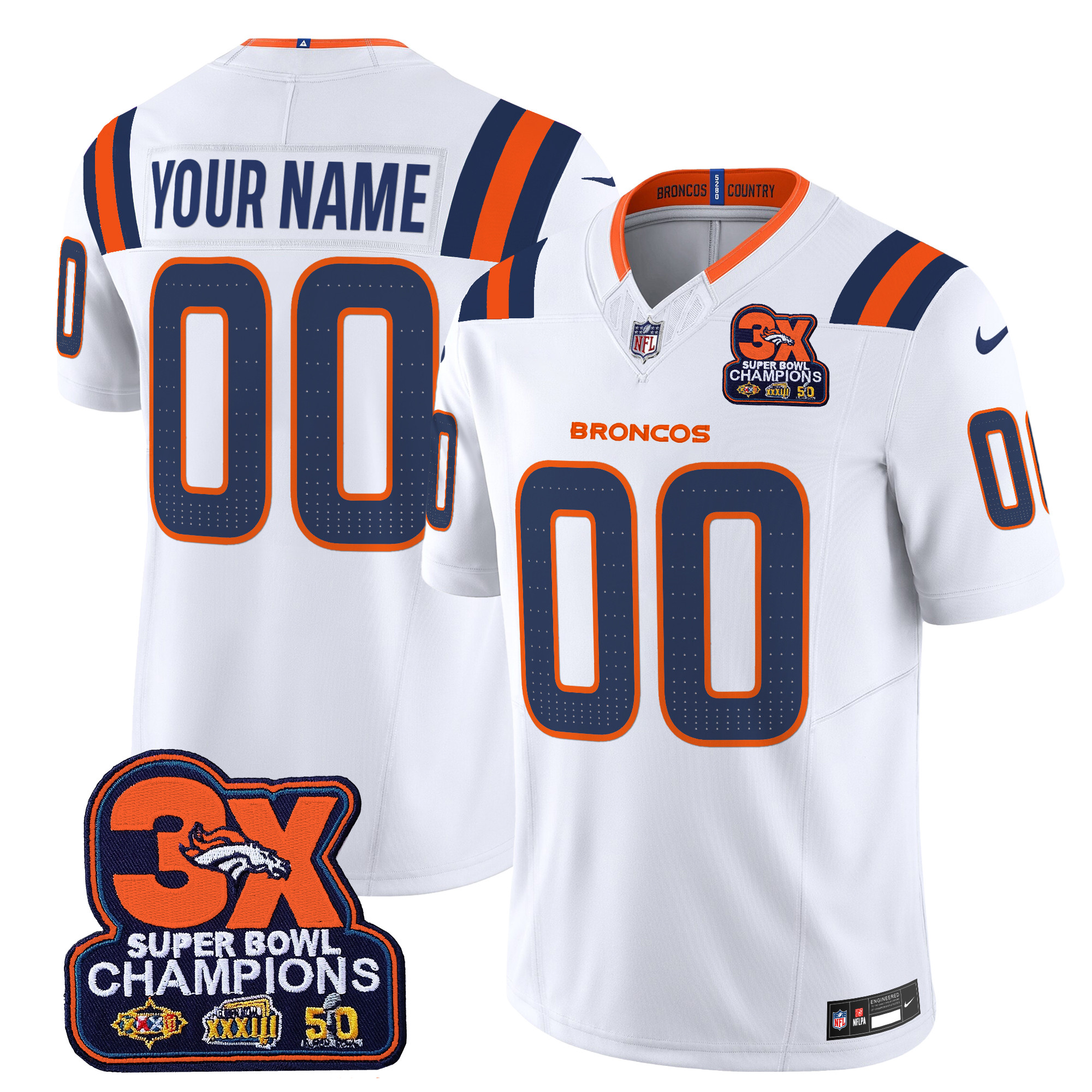 Men's Denver Broncos 3-Time Champions Patch Vapor Limited Custom White Jersey - All Stitched