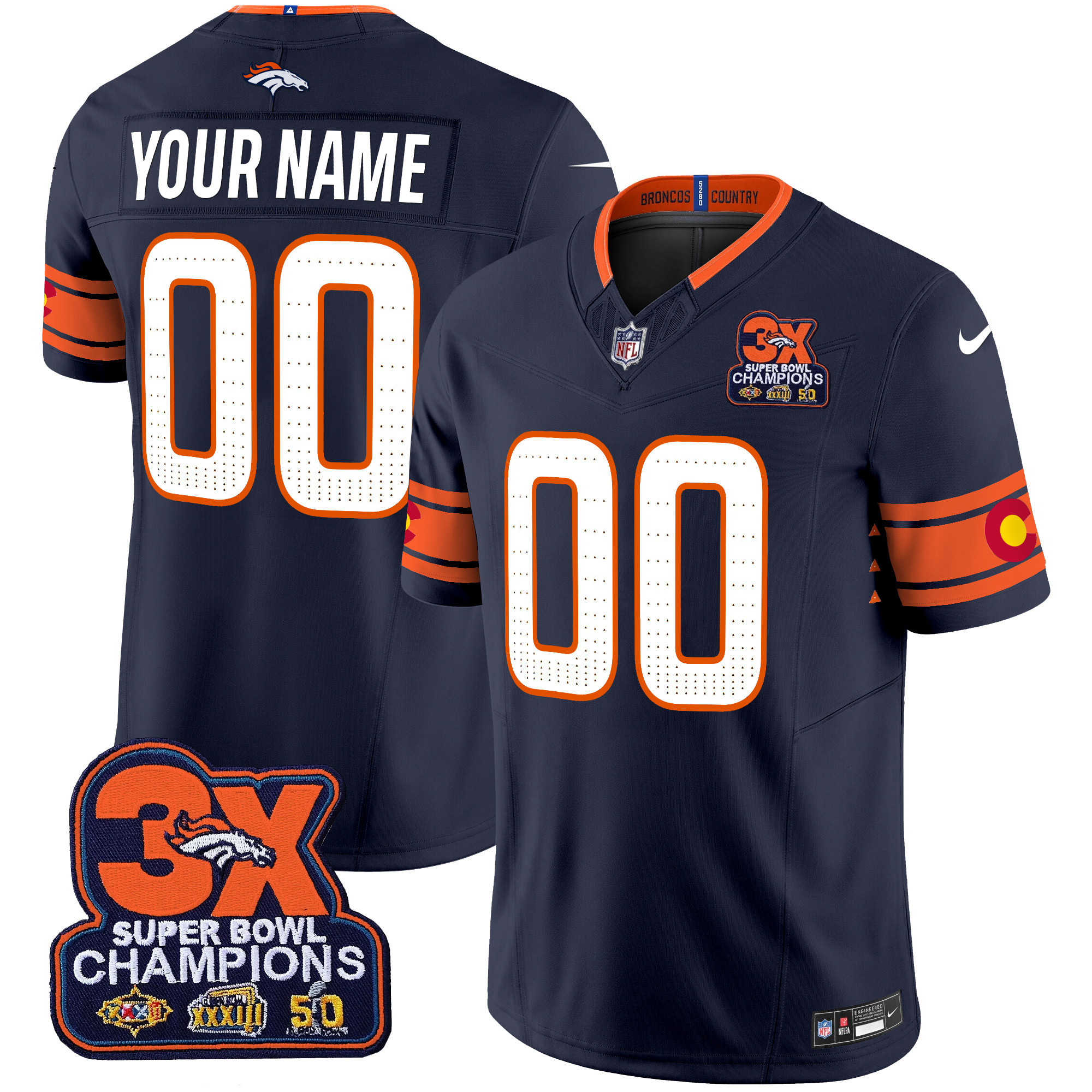 Men's Denver Broncos 3x Patch "Colorado Flag" Vapor Limited Custom Navy Jersey - All Stitched
