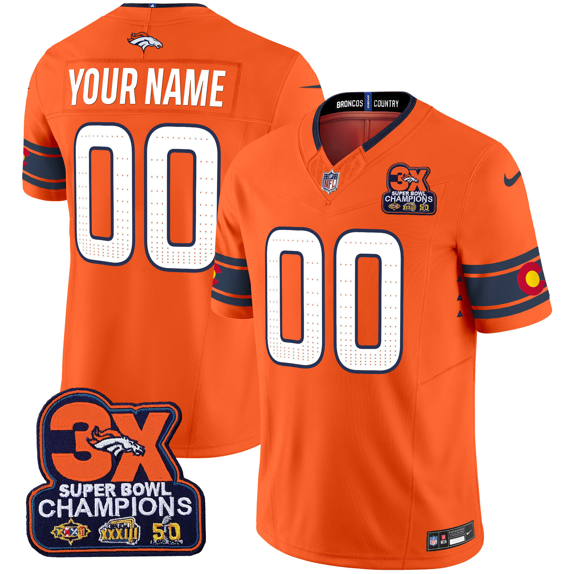 Men's Denver Broncos 3x Patch "Colorado Flag" Vapor Limited Custom Orange Jersey - All Stitched