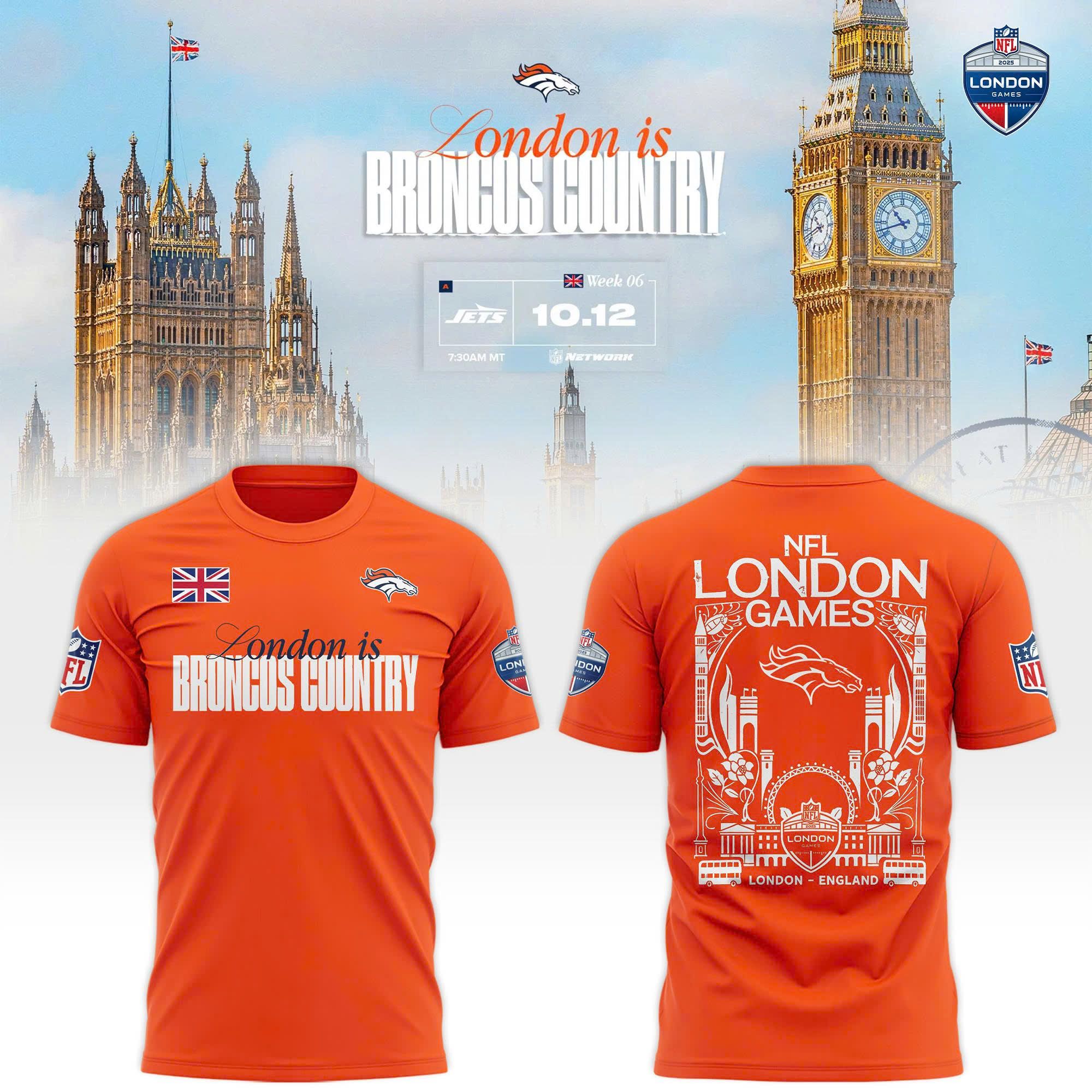 Men's Denver Broncos NFL London Game 2025 Fan T-shirt Orange