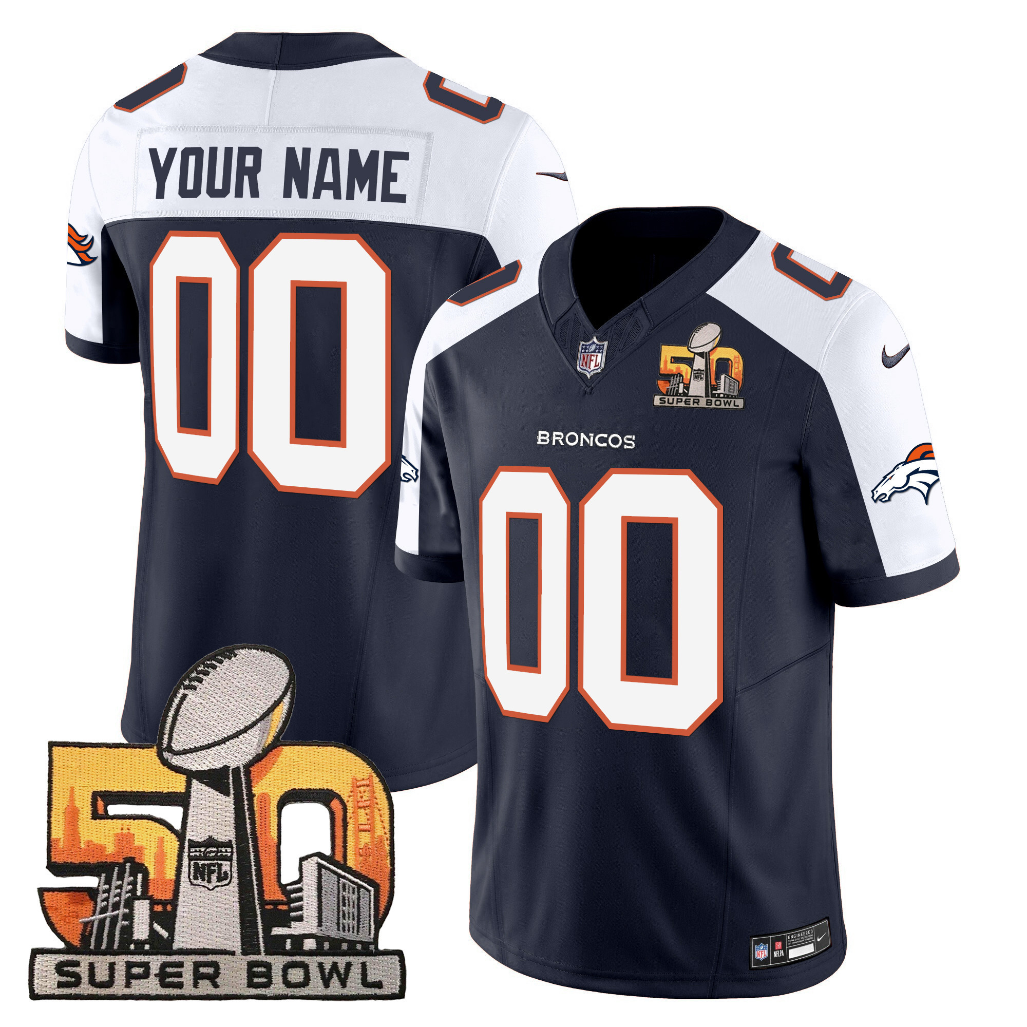Men's Denver Broncos Super Bowl 50 Patch Vapor Custom Navy Alternate Jersey - All Stitched