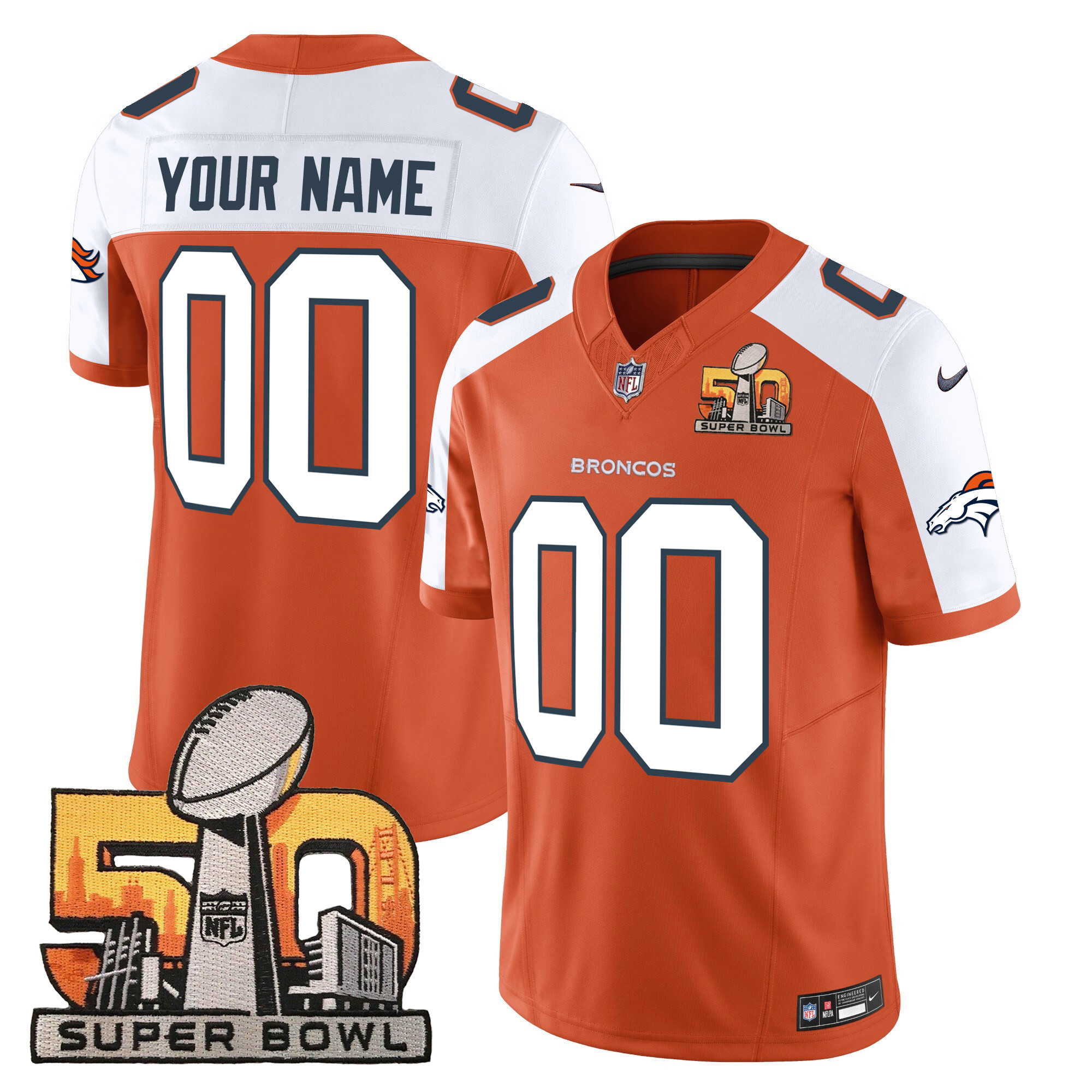 Men's Denver Broncos Super Bowl 50 Patch Vapor Custom Orange Alternate Jersey - All Stitched