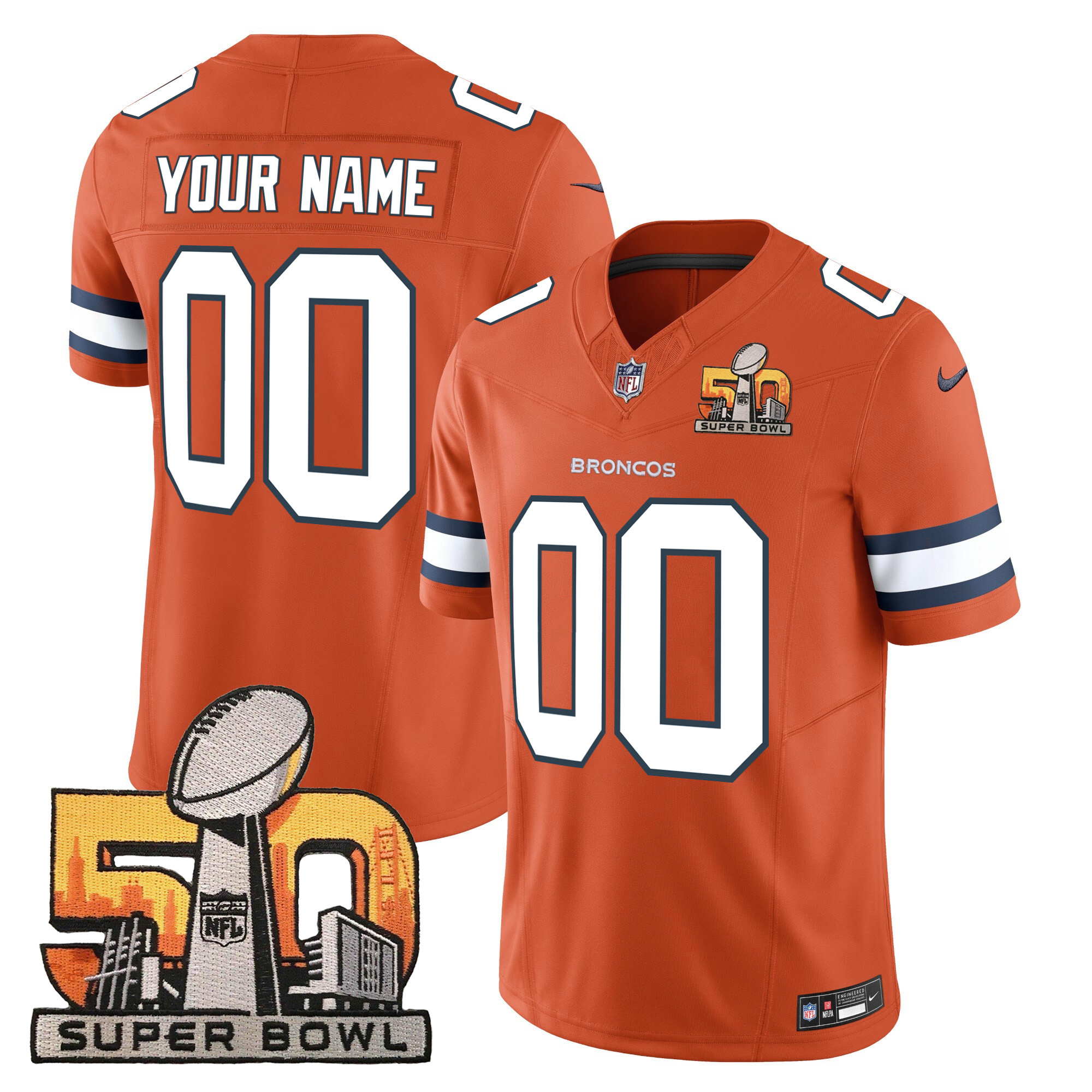 Men's Denver Broncos Super Bowl 50 Patch Vapor Custom Orange Jersey - All Stitched