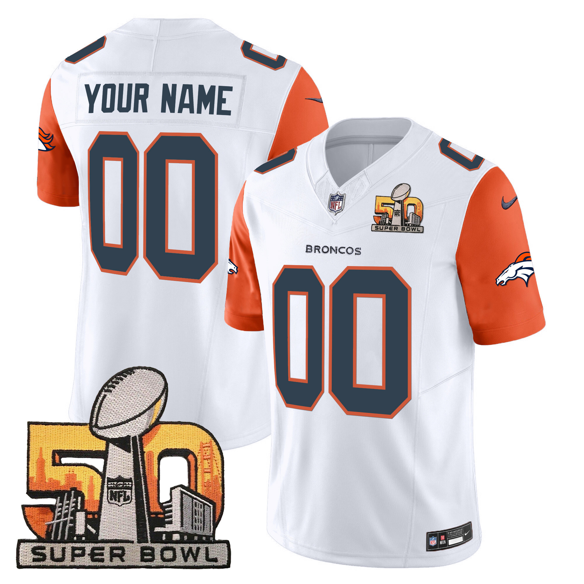 Men's Denver Broncos Super Bowl 50 Patch Vapor Custom Orange Sleeves Jersey - All Stitched