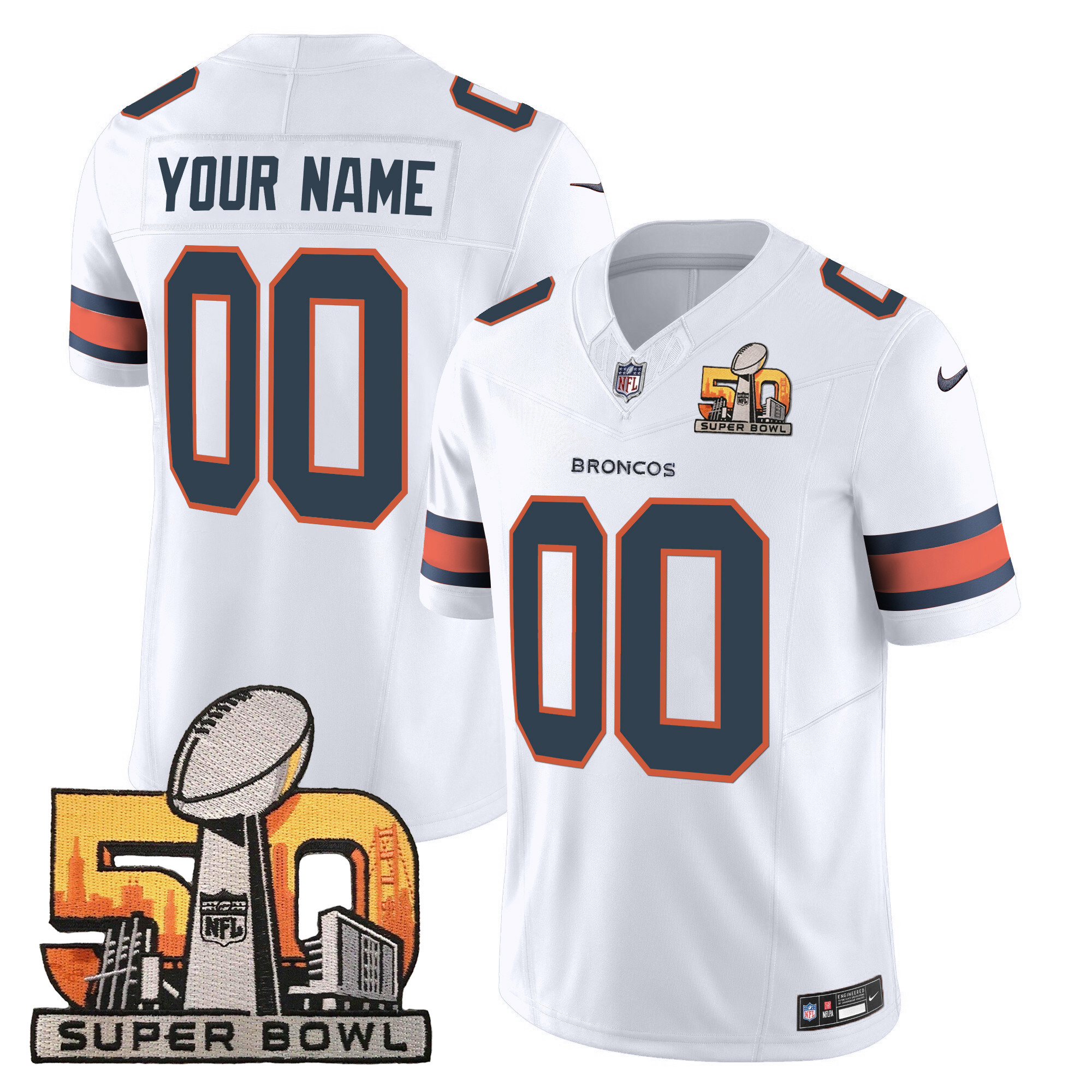 Men's Denver Broncos Super Bowl 50 Patch Vapor Custom White Jersey - All Stitched