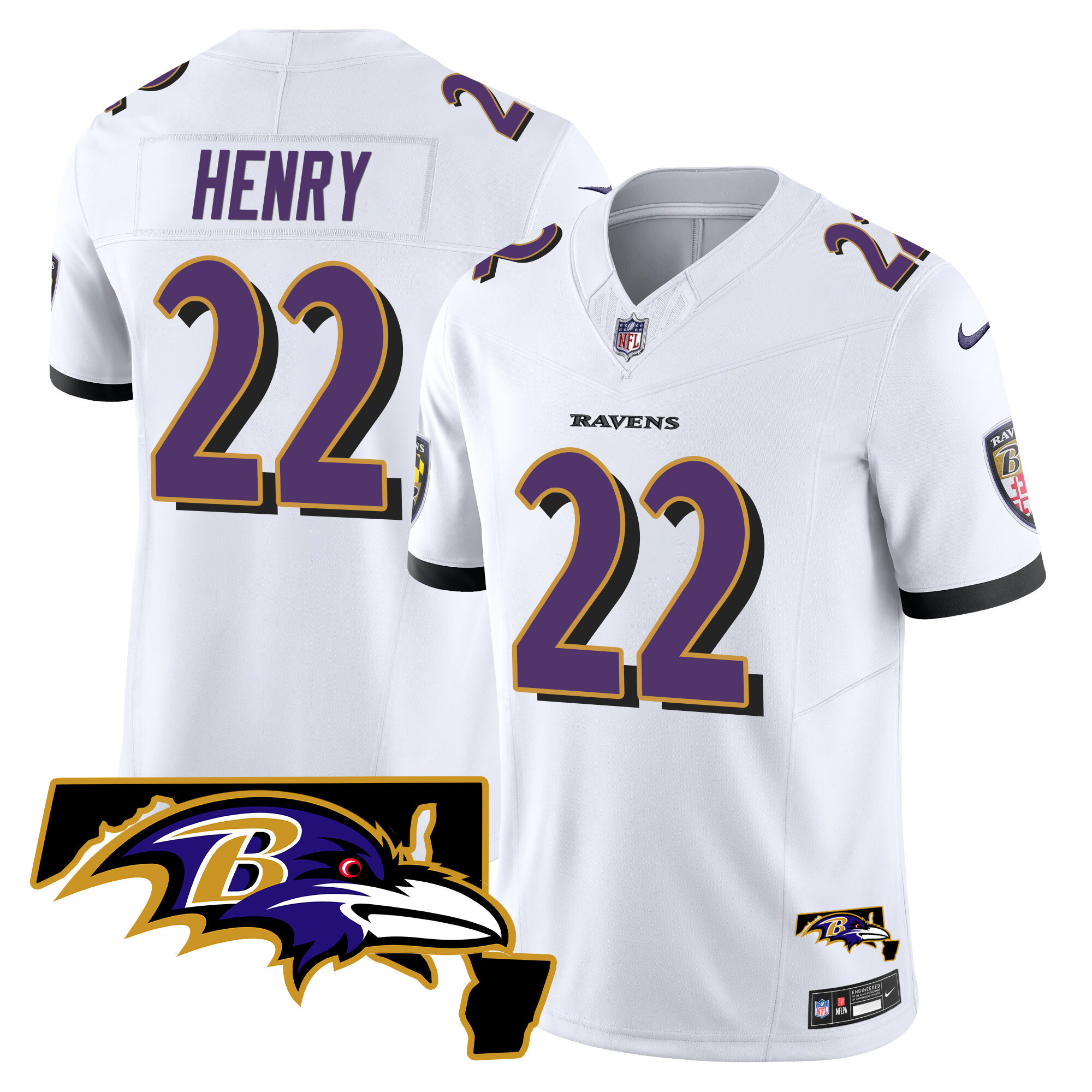 Men's Derrick Henry Baltimore Ravens Maryland Patch Vapor Limited White Jersey - All Stitched