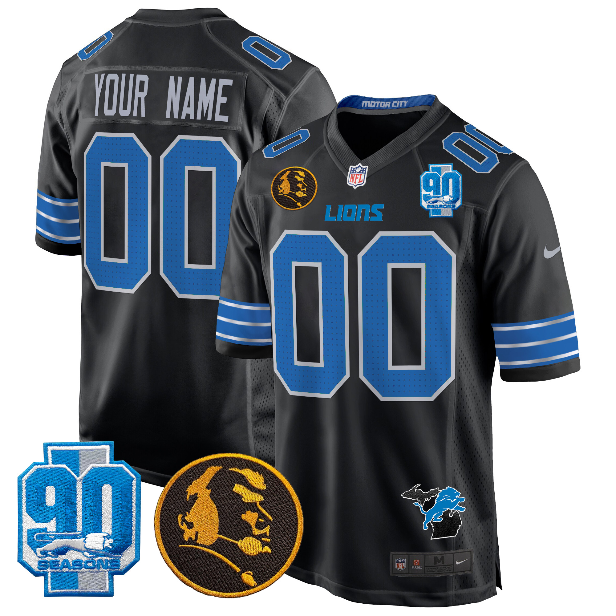 Men's Detroit Lions 2024 90th & John Madden Patch Game Custom Black Jersey - All Stitched